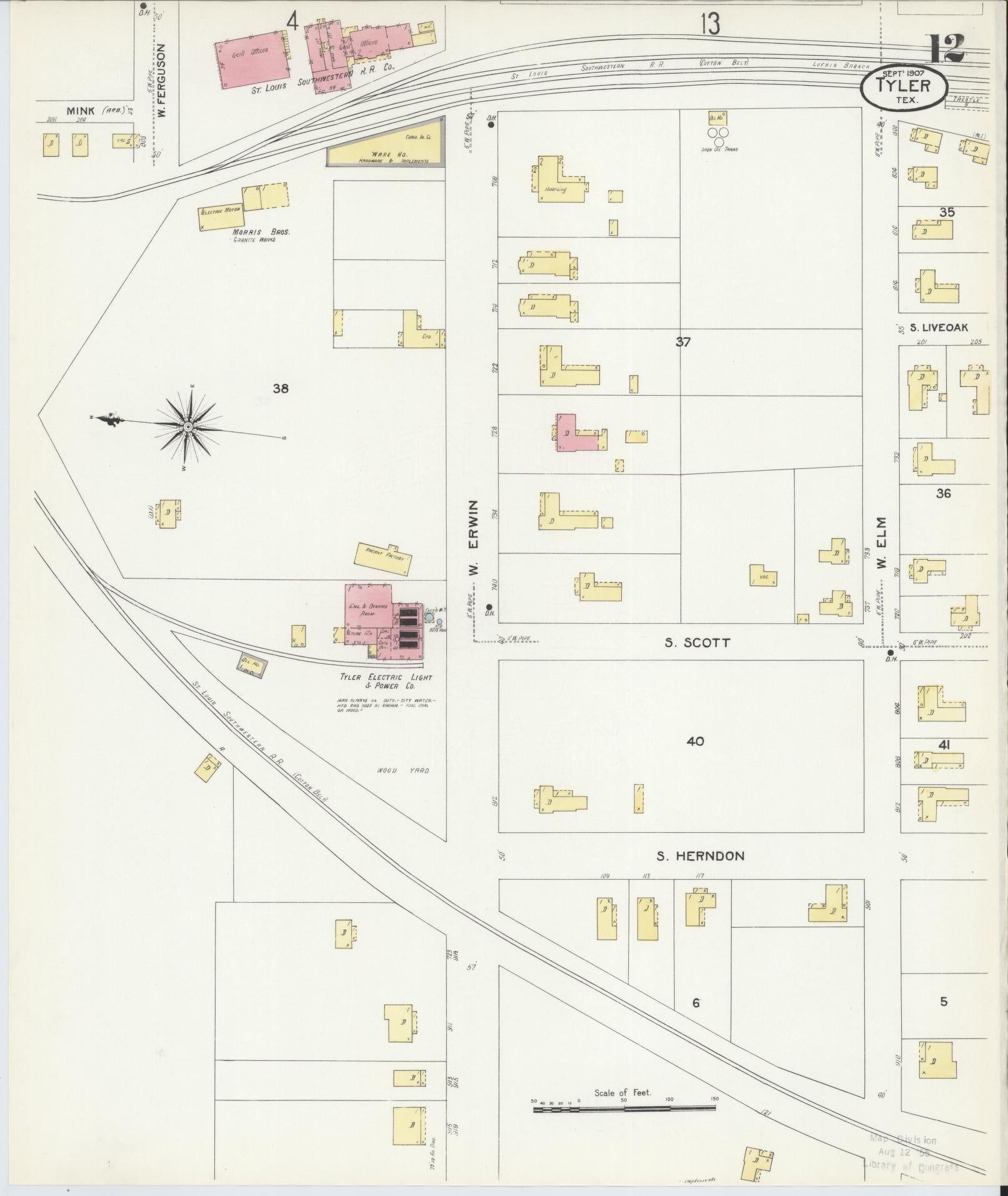 Sanborn Fire Insurance Map from Tyler, Smith County, Texas (1907), Sheet #0012 - Complete Map Set gallery image, historic Sanborn map, vintage wall art, Texas Texas