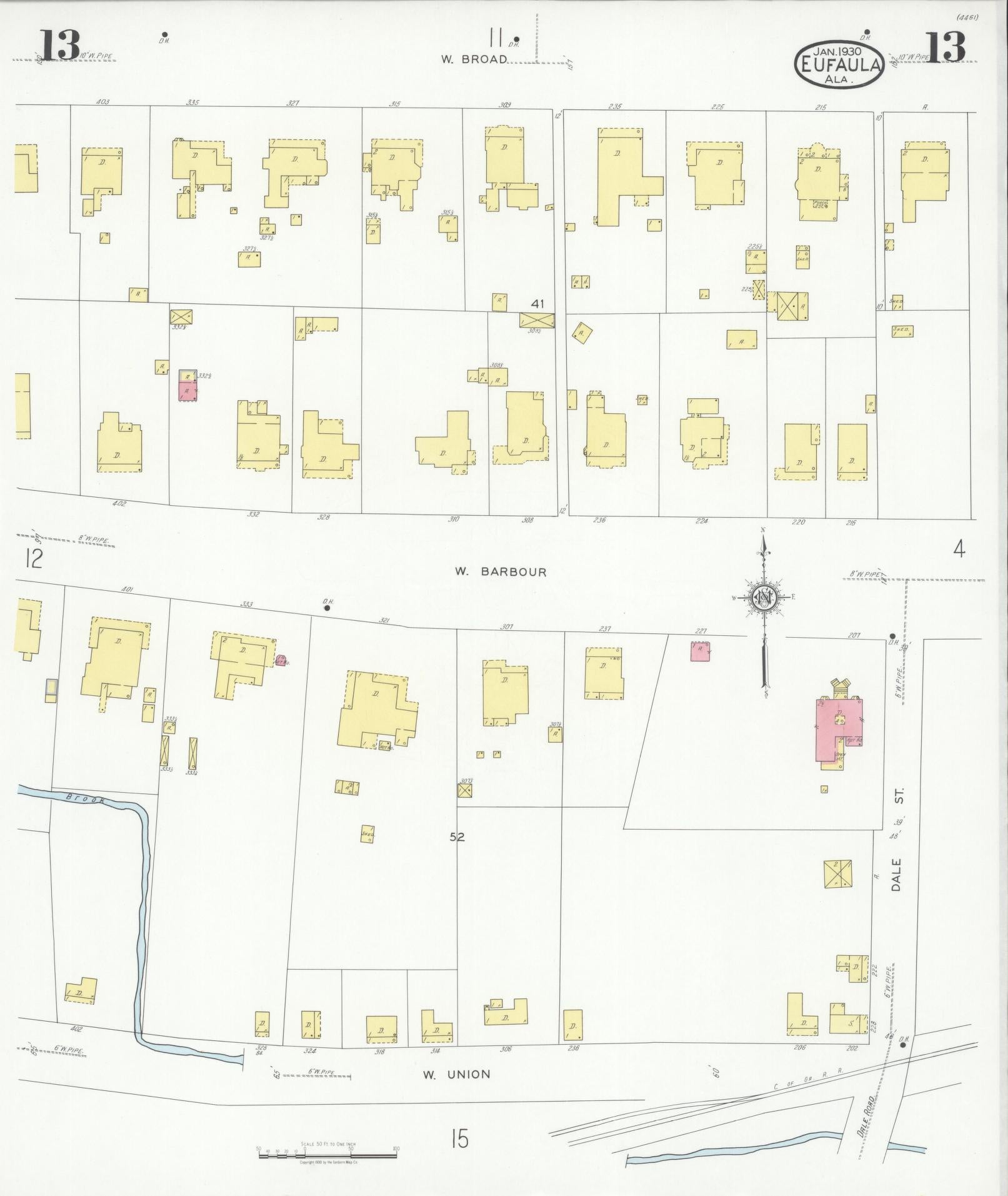 Sanborn Fire Insurance Map from Eufaula, Barbour County, Alabama (1930), Sheet #0013 - Historic Sanborn Fire Insurance Map Print, vintage old map wall art, antique decor, genealogy gift, Alabama Alabama map