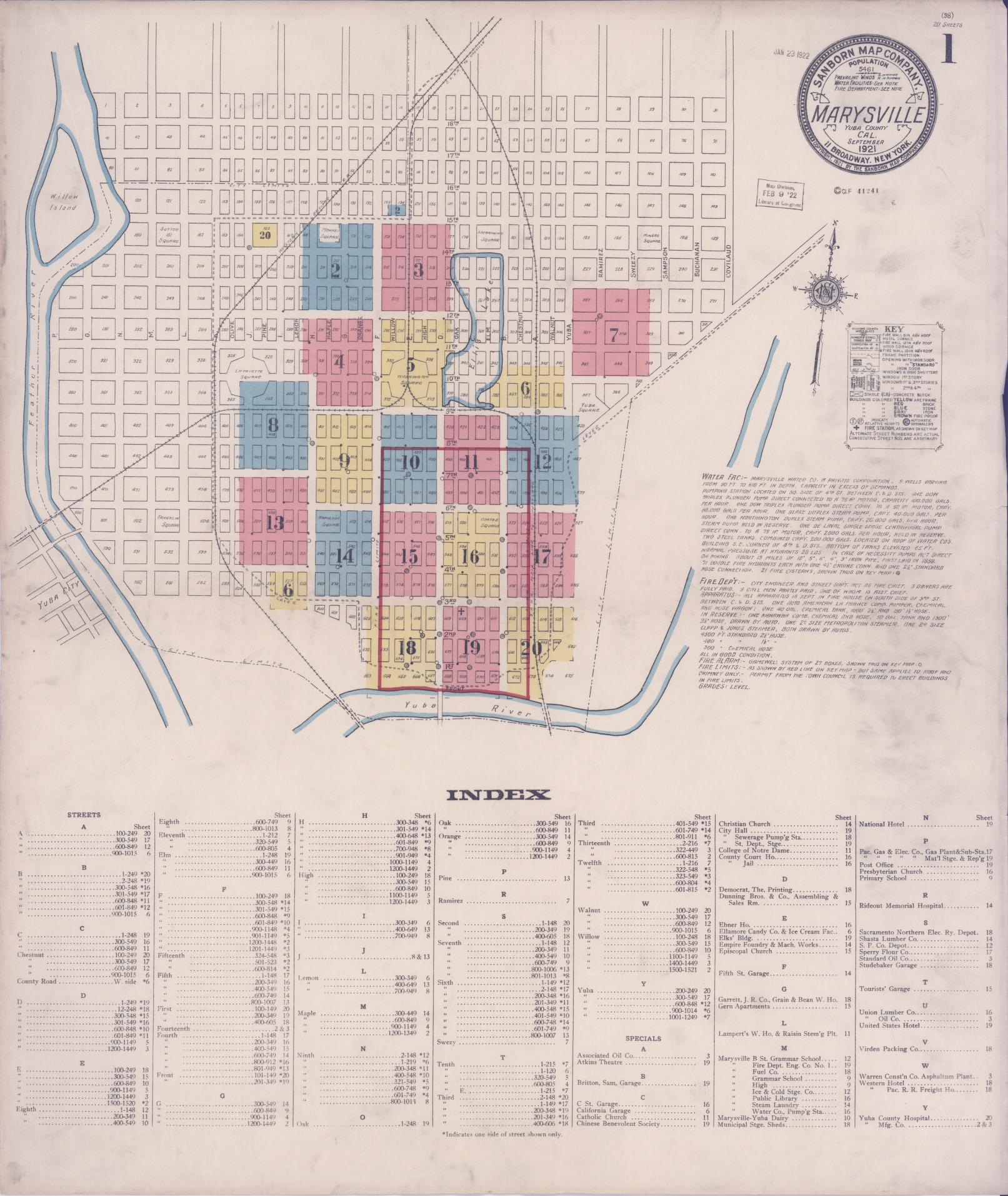 Sanborn Fire Insurance Map from Marysville, Yuba County, California (1921), Sheet #0001 - Historic Sanborn Fire Insurance Map Print, vintage old map wall art, antique decor, genealogy gift, California California map