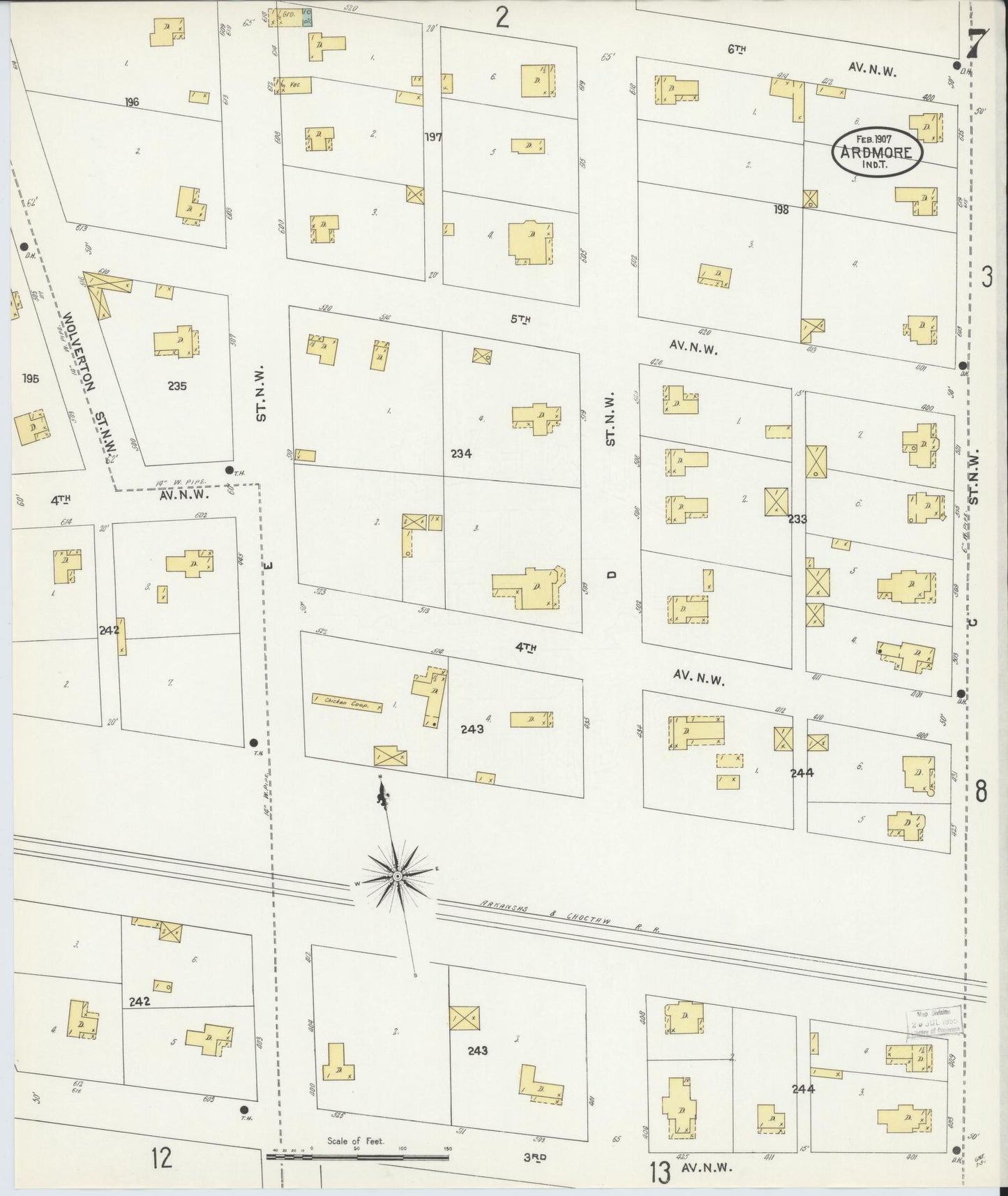 Sanborn Fire Insurance Map from Ardmore, Carter County, Oklahoma (1907), Sheet #0007 - Historic Sanborn Fire Insurance Map Print, vintage old map wall art, antique decor, genealogy gift, Oklahoma Oklahoma map