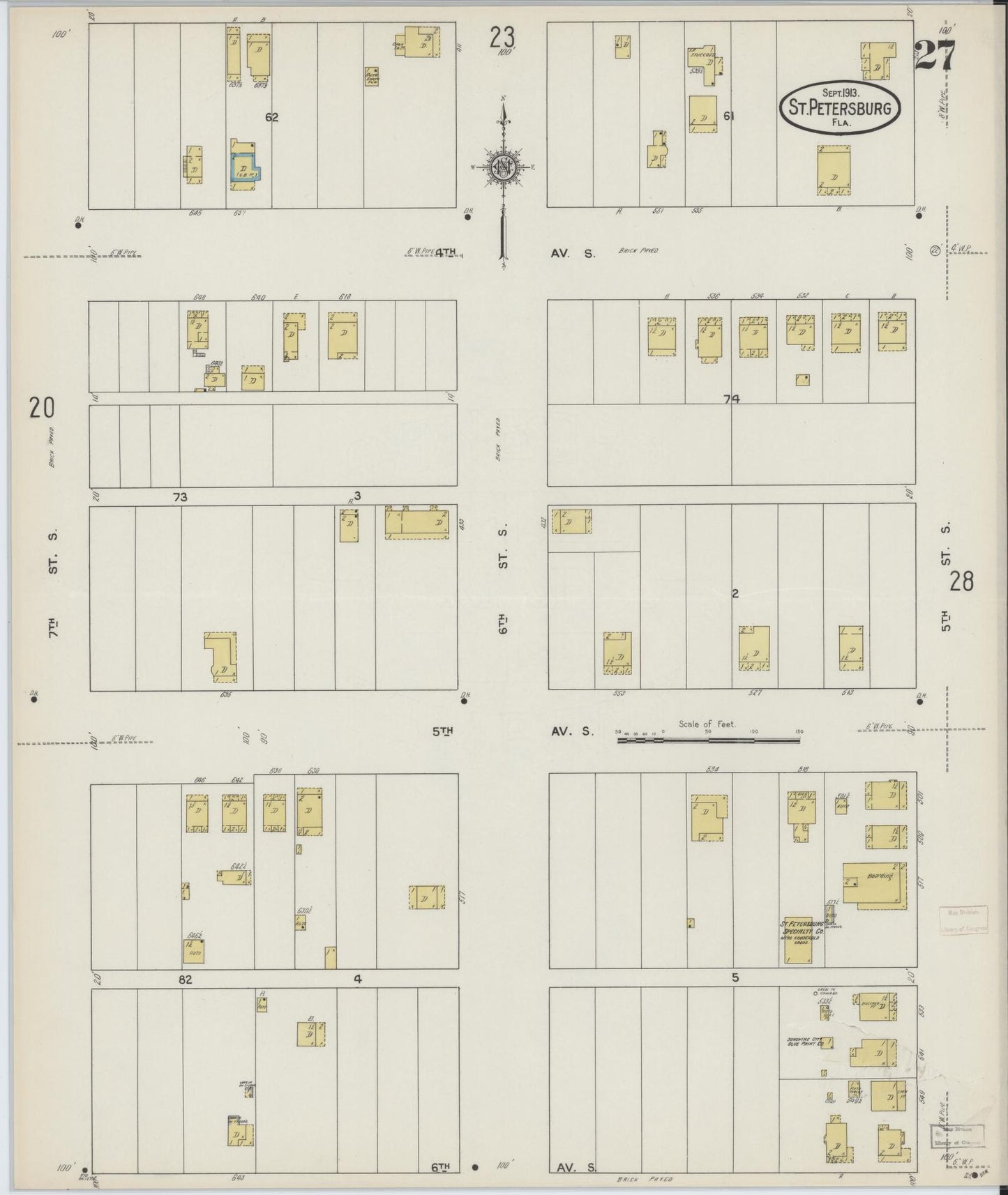 Sanborn Fire Insurance Map from Saint Petersburg, Pinellas County, Florida (1913), Sheet #0027 - Historic Sanborn Fire Insurance Map Print, vintage old map wall art, antique decor, genealogy gift, Florida Florida map