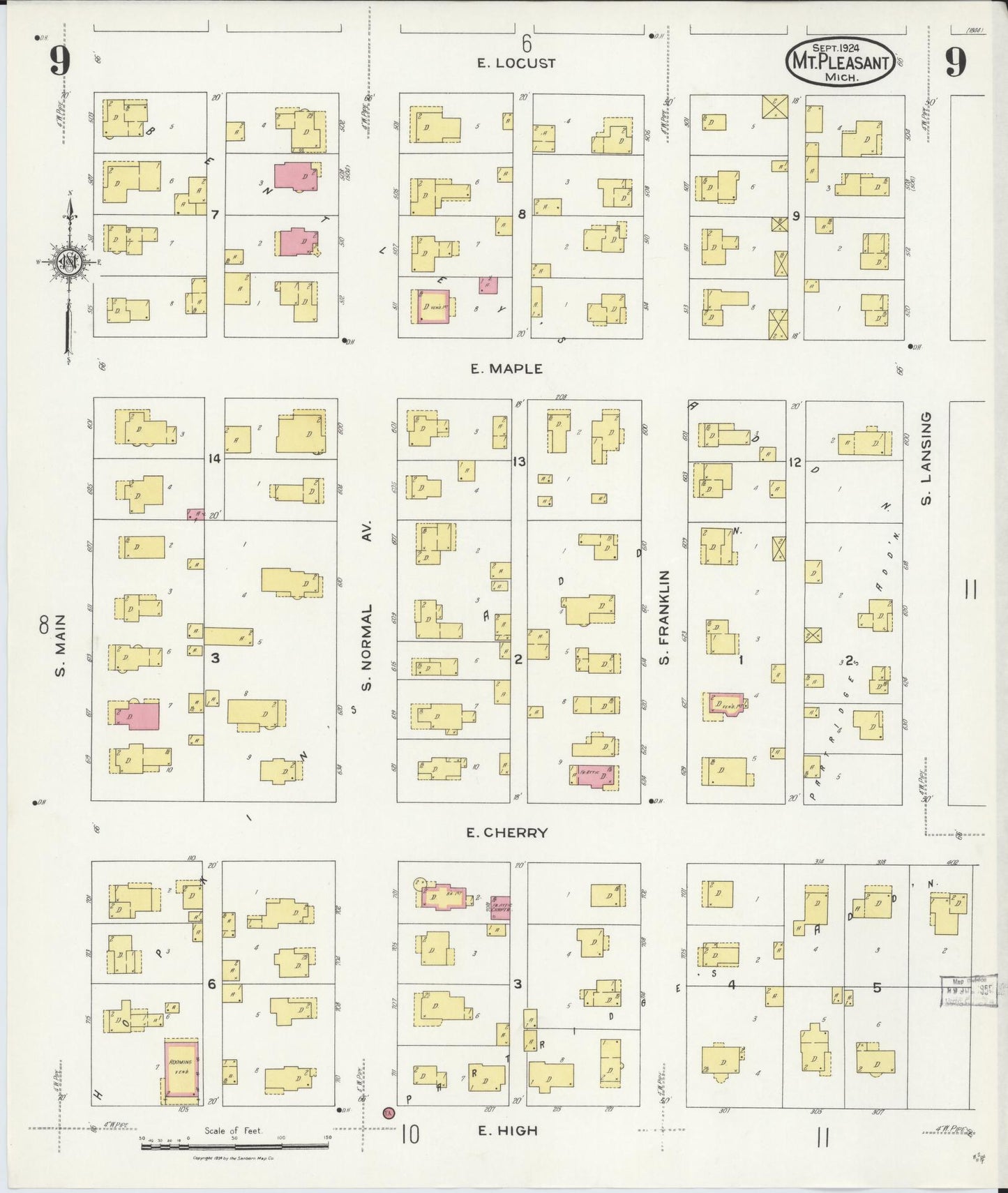 Sanborn Fire Insurance Map from Mount Pleasant, Isabella County, Michigan (1924), Sheet #0009 - Complete Map Set gallery image, historic Sanborn map, vintage wall art, Michigan Michigan