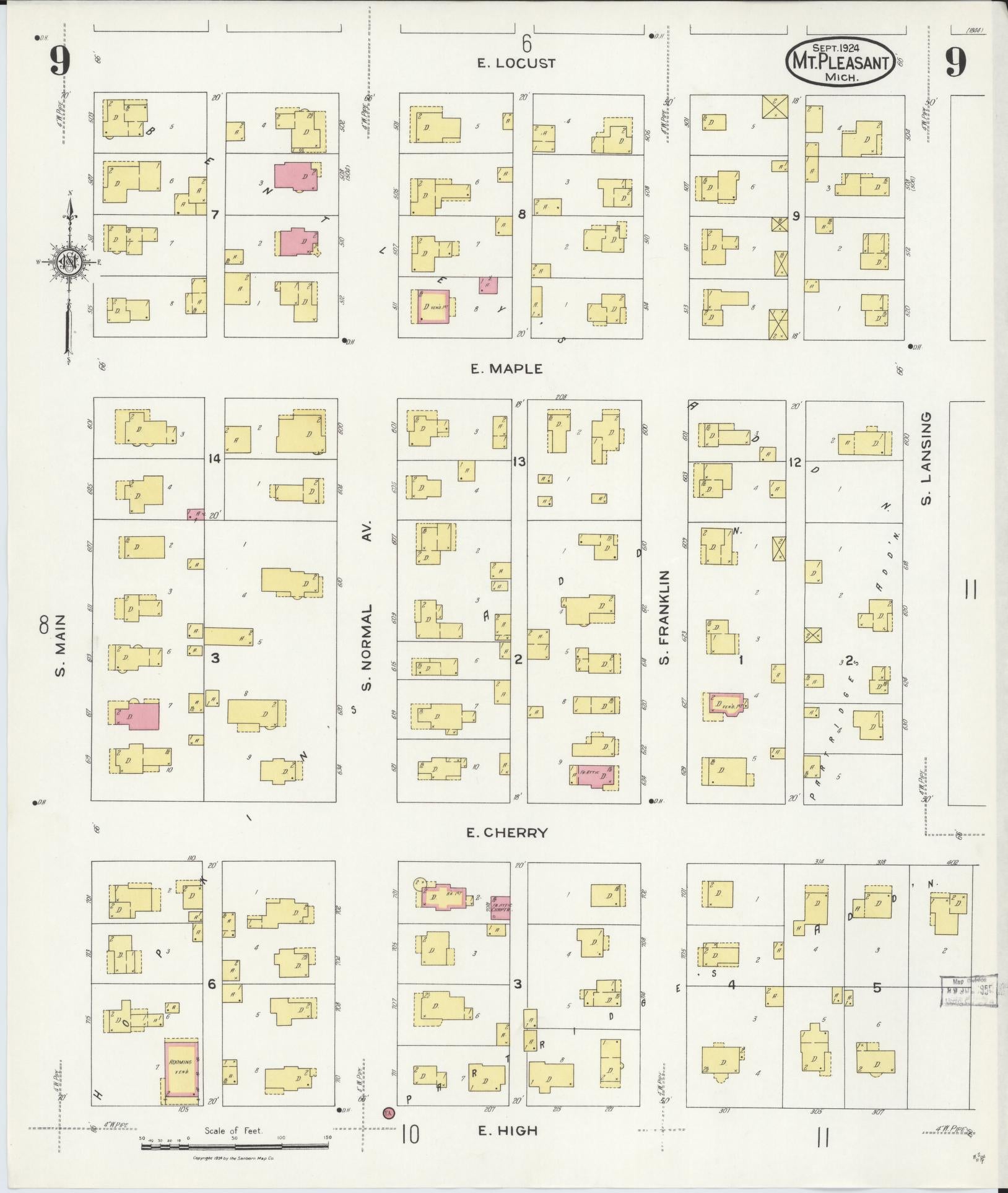 Sanborn Fire Insurance Map from Mount Pleasant, Isabella County, Michigan (1924), Sheet #0009 - Complete Map Set gallery image, historic Sanborn map, vintage wall art, Michigan Michigan
