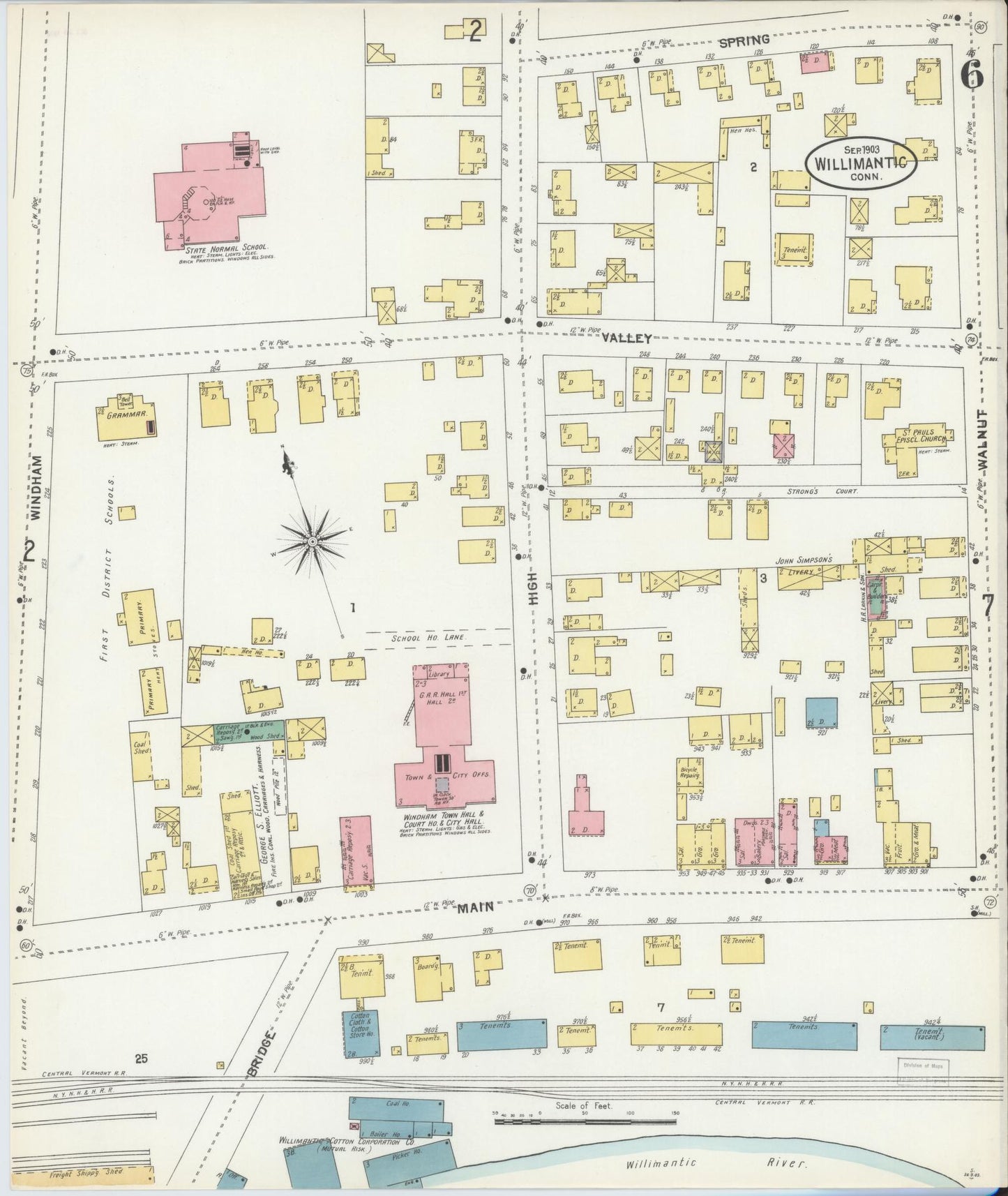 Sanborn Fire Insurance Map from Willimantic, Windham County, Connecticut (1903), Sheet #0006 - Historic Sanborn Fire Insurance Map Print, vintage old map wall art, antique decor, genealogy gift, Connecticut Connecticut map