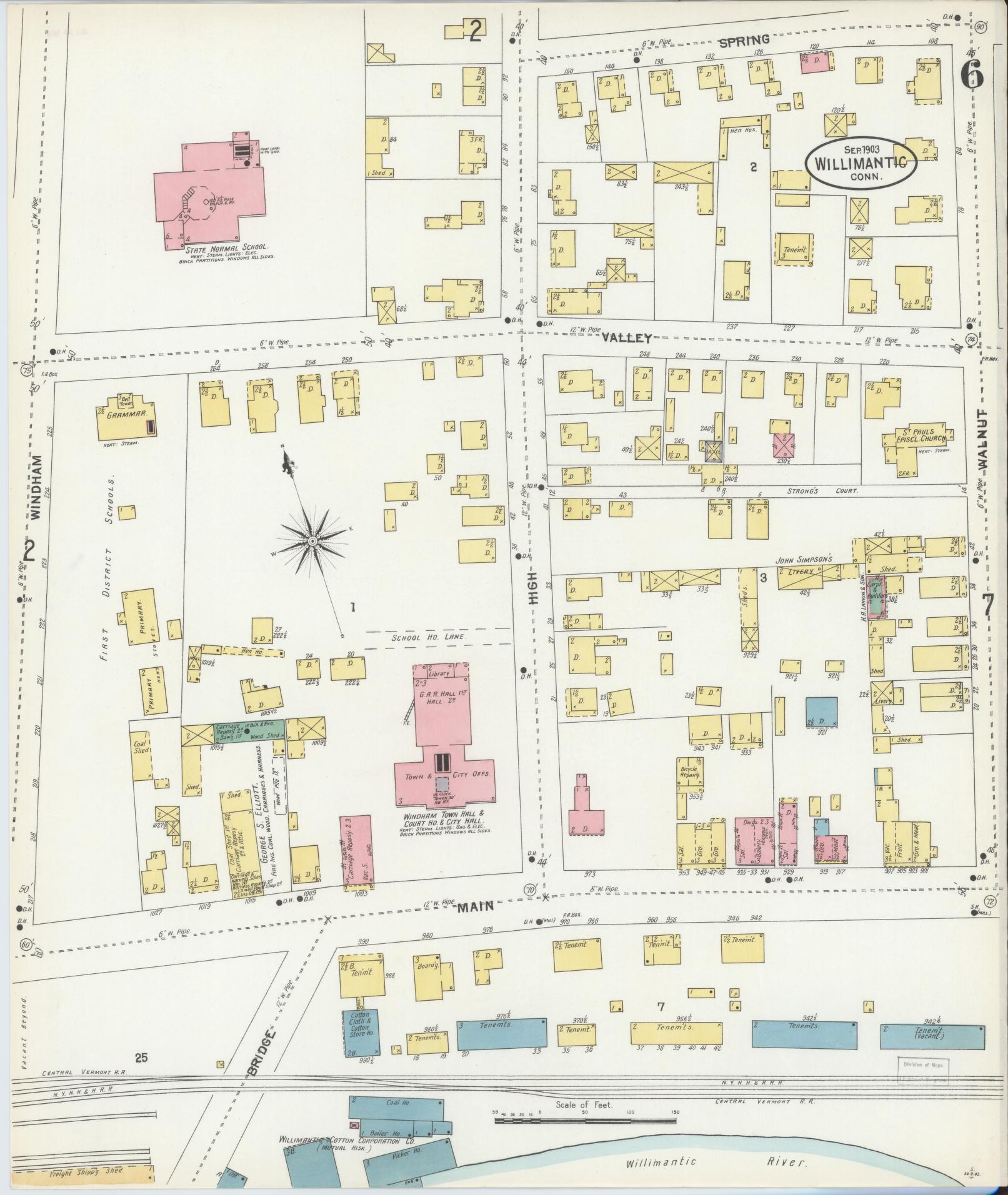 Sanborn Fire Insurance Map from Willimantic, Windham County, Connecticut (1903), Sheet #0006 - Historic Sanborn Fire Insurance Map Print, vintage old map wall art, antique decor, genealogy gift, Connecticut Connecticut map