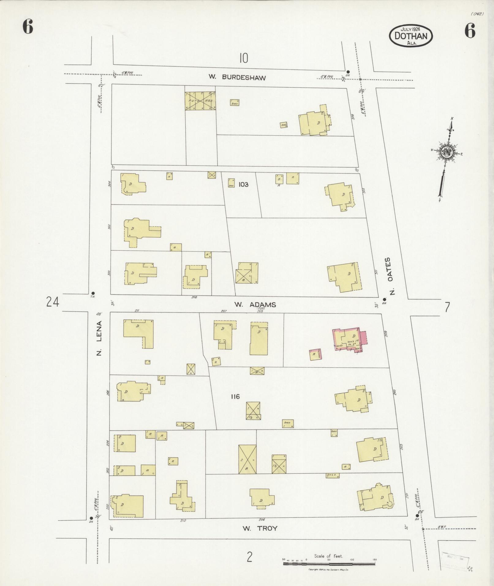 Sanborn Fire Insurance Map from Dothan, Houston County, Alabama (1924), Sheet #0006 - Historic Sanborn Fire Insurance Map Print, vintage old map wall art, antique decor, genealogy gift, Alabama Alabama map