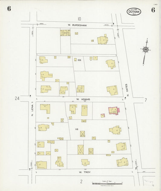 Sanborn Fire Insurance Map from Dothan, Houston County, Alabama (1924), Sheet #0006 - Historic Sanborn Fire Insurance Map Print, vintage old map wall art, antique decor, genealogy gift, Alabama Alabama map