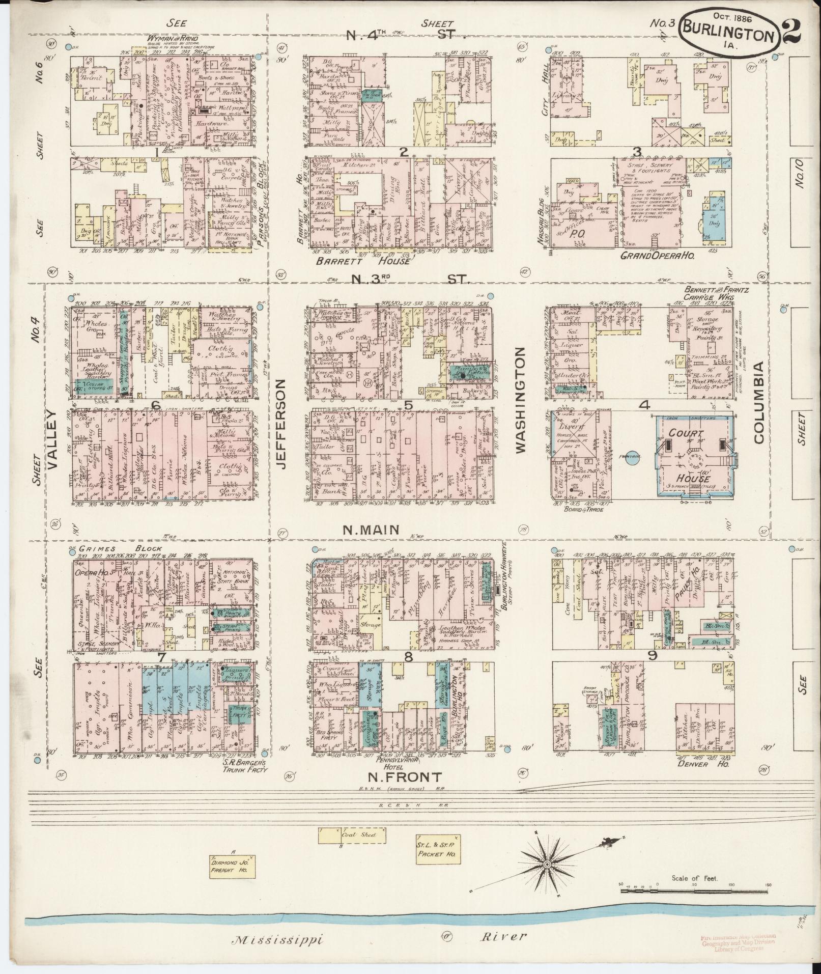 Sanborn Fire Insurance Map from Burlington, Des Moines County, Iowa (1888), Sheet #0002 - Historic Sanborn Fire Insurance Map Print, vintage old map wall art