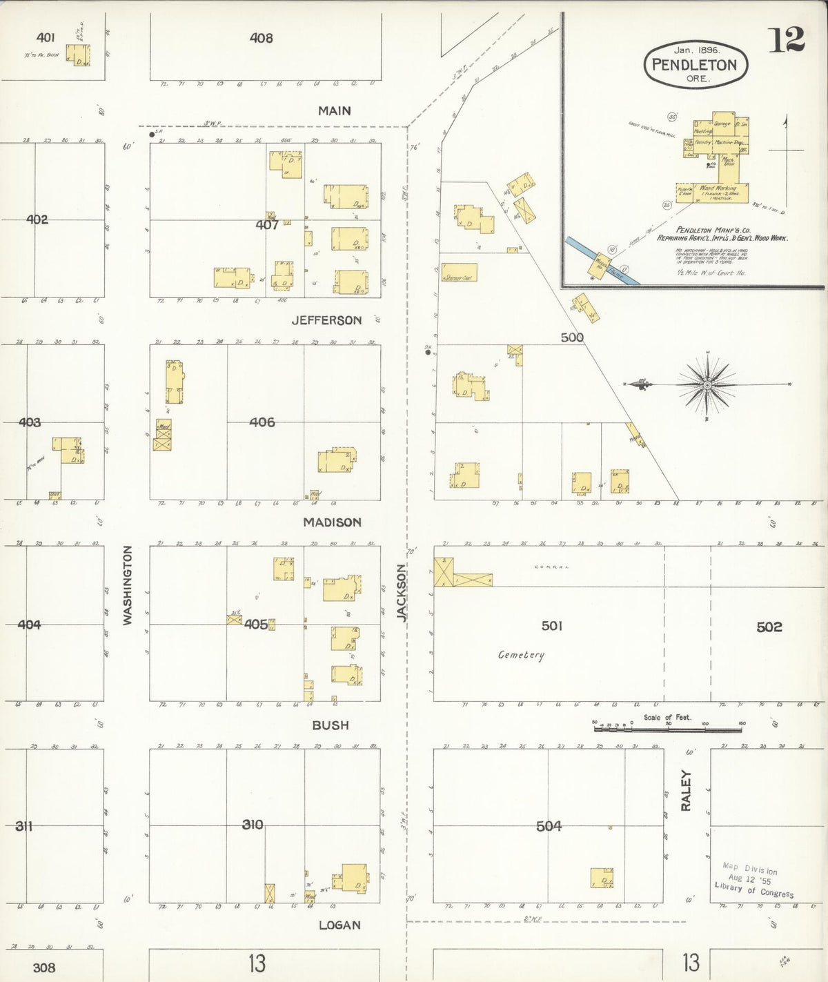 Sanborn Fire Insurance Map from Pendleton, Umatilla County, Oregon (1896), Sheet #0012 - Historic Sanborn Fire Insurance Map Print, vintage old map wall art, antique decor, genealogy gift, Oregon Oregon map