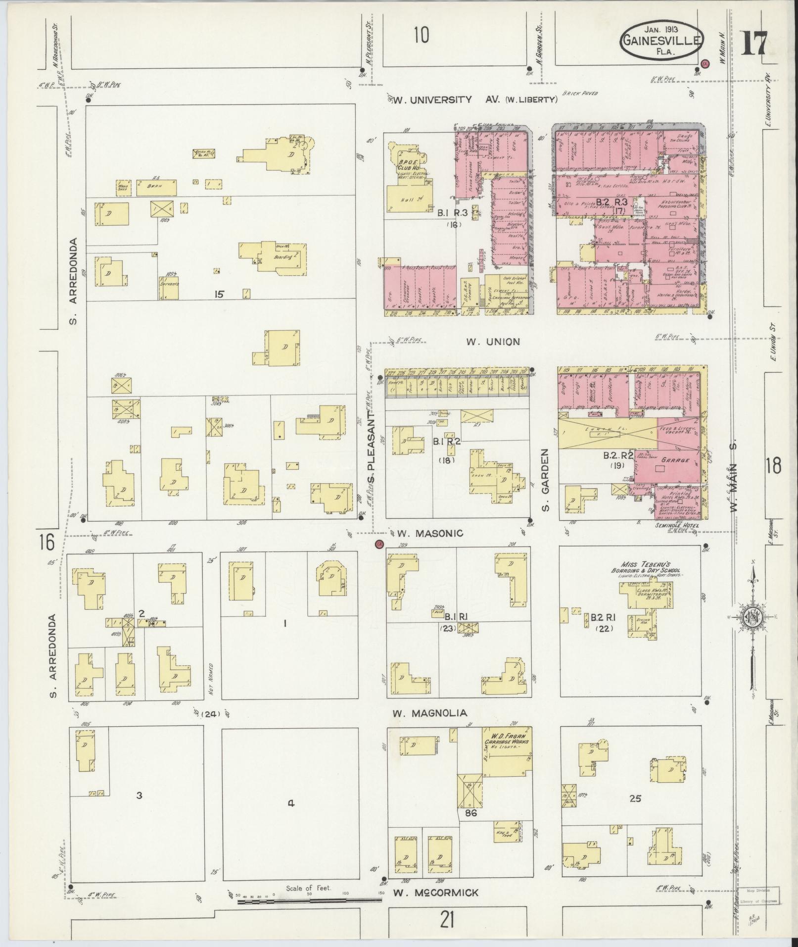 Sanborn Fire Insurance Map from Gainesville, Alachua County, Florida (1913), Sheet #0017 - Complete Map Set gallery image, historic Sanborn map, vintage wall art, Florida Florida
