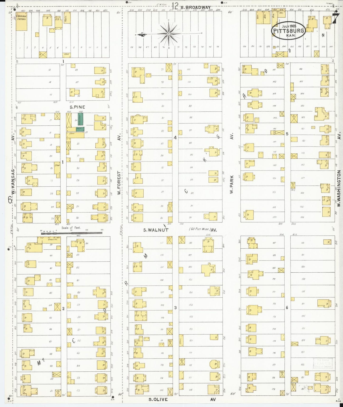 Sanborn Fire Insurance Map from Pittsburg, Crawford County, Kansas (1905), Sheet #0007 - Historic Sanborn Fire Insurance Map Print, vintage old map wall art, antique decor, genealogy gift, Kansas Kansas map