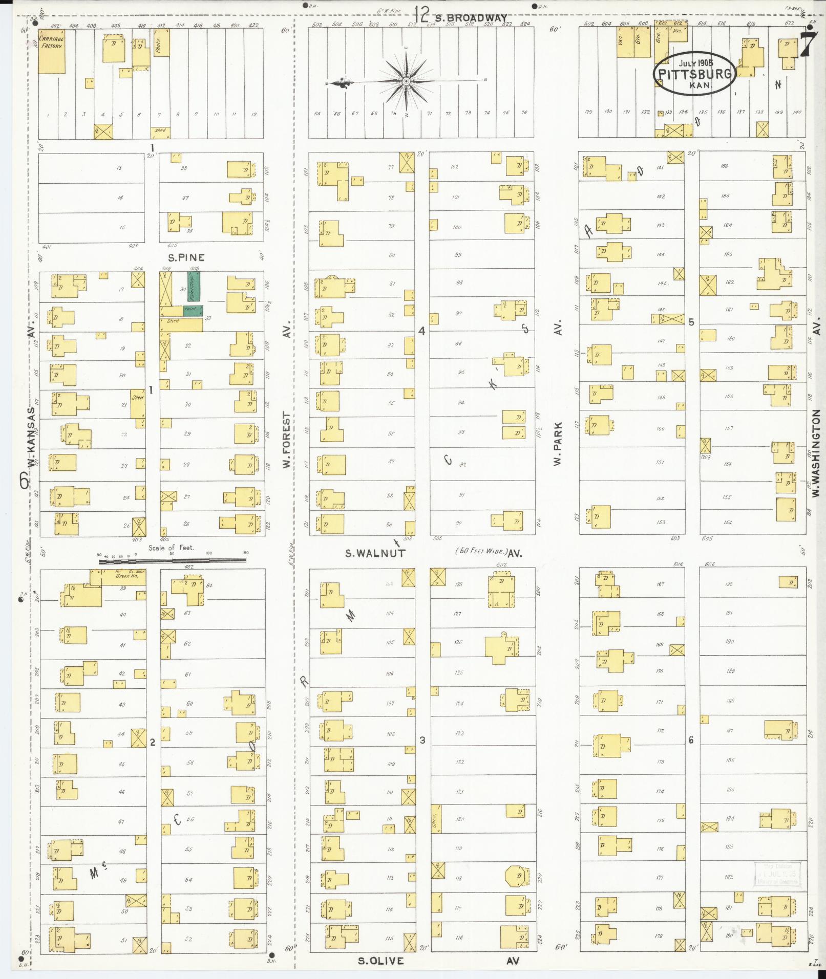 Sanborn Fire Insurance Map from Pittsburg, Crawford County, Kansas (1905), Sheet #0007 - Historic Sanborn Fire Insurance Map Print, vintage old map wall art, antique decor, genealogy gift, Kansas Kansas map