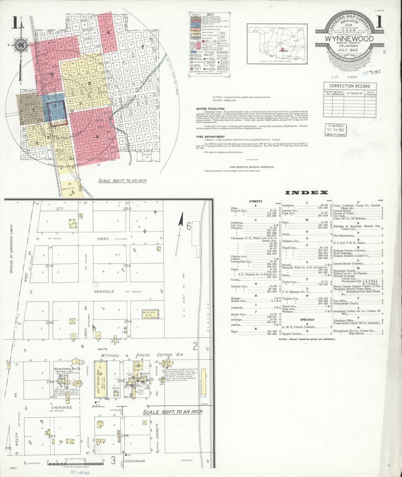 Sanborn Fire Insurance Map from Wynnewood, Garvin County, Oklahoma (1942), Sheet #0001 - Historic Sanborn Fire Insurance Map Print, vintage old map wall art, antique decor, genealogy gift, Oklahoma Oklahoma map