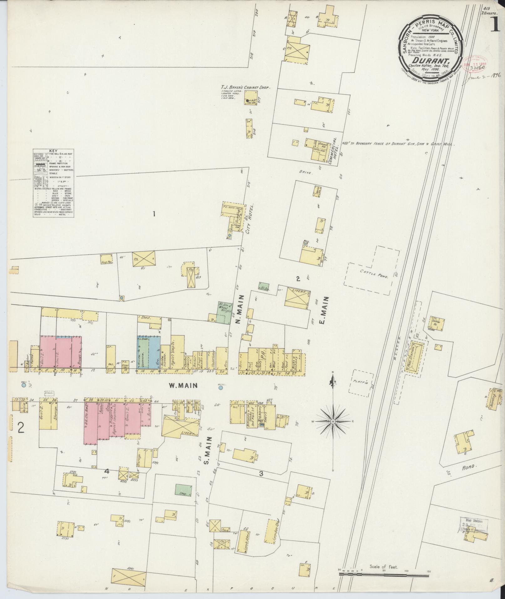 Sanborn Fire Insurance Map from Durant, Bryan County, Oklahoma (1896), Sheet #0001 - Historic Sanborn Fire Insurance Map Print, vintage old map wall art, antique decor, genealogy gift, Oklahoma Oklahoma map
