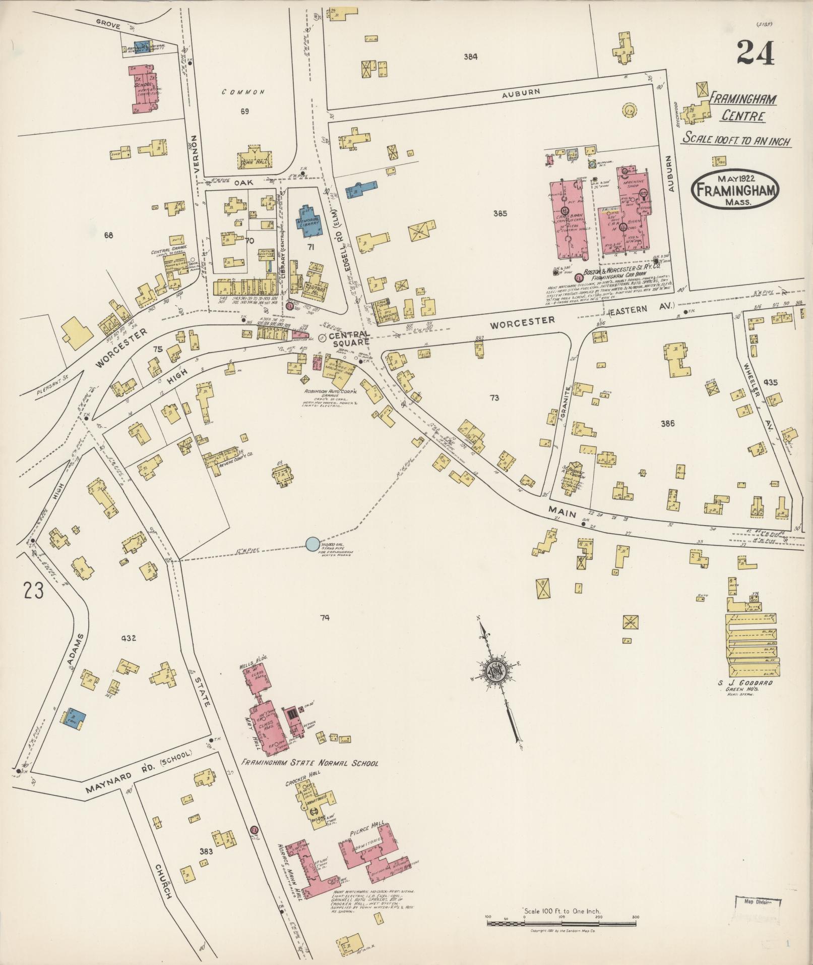 Sanborn Fire Insurance Map from Framingham, Middlesex County, Massachusetts (1922), Sheet #0024 - Complete Map Set gallery image, historic Sanborn map, vintage wall art, Massachusetts Massachusetts