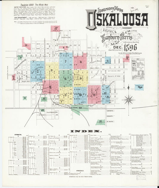 Sanborn Fire Insurance Map from Oskaloosa, Mahaska County, Iowa (1896), Sheet #0001 - Historic Sanborn Fire Insurance Map Print, vintage old map wall art