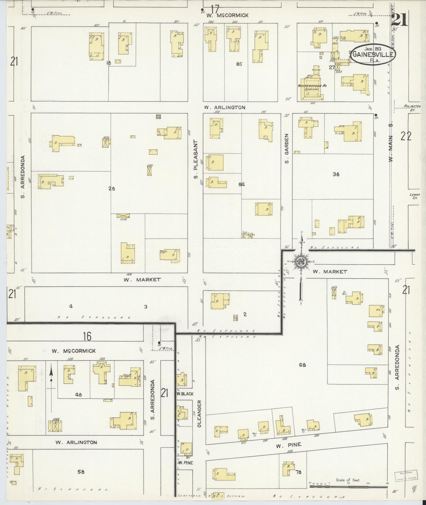 Sanborn Fire Insurance Map from Gainesville, Alachua County, Florida (1913), Sheet #0021 - Historic Sanborn Fire Insurance Map Print, vintage old map wall art, antique decor, genealogy gift, Florida Florida map
