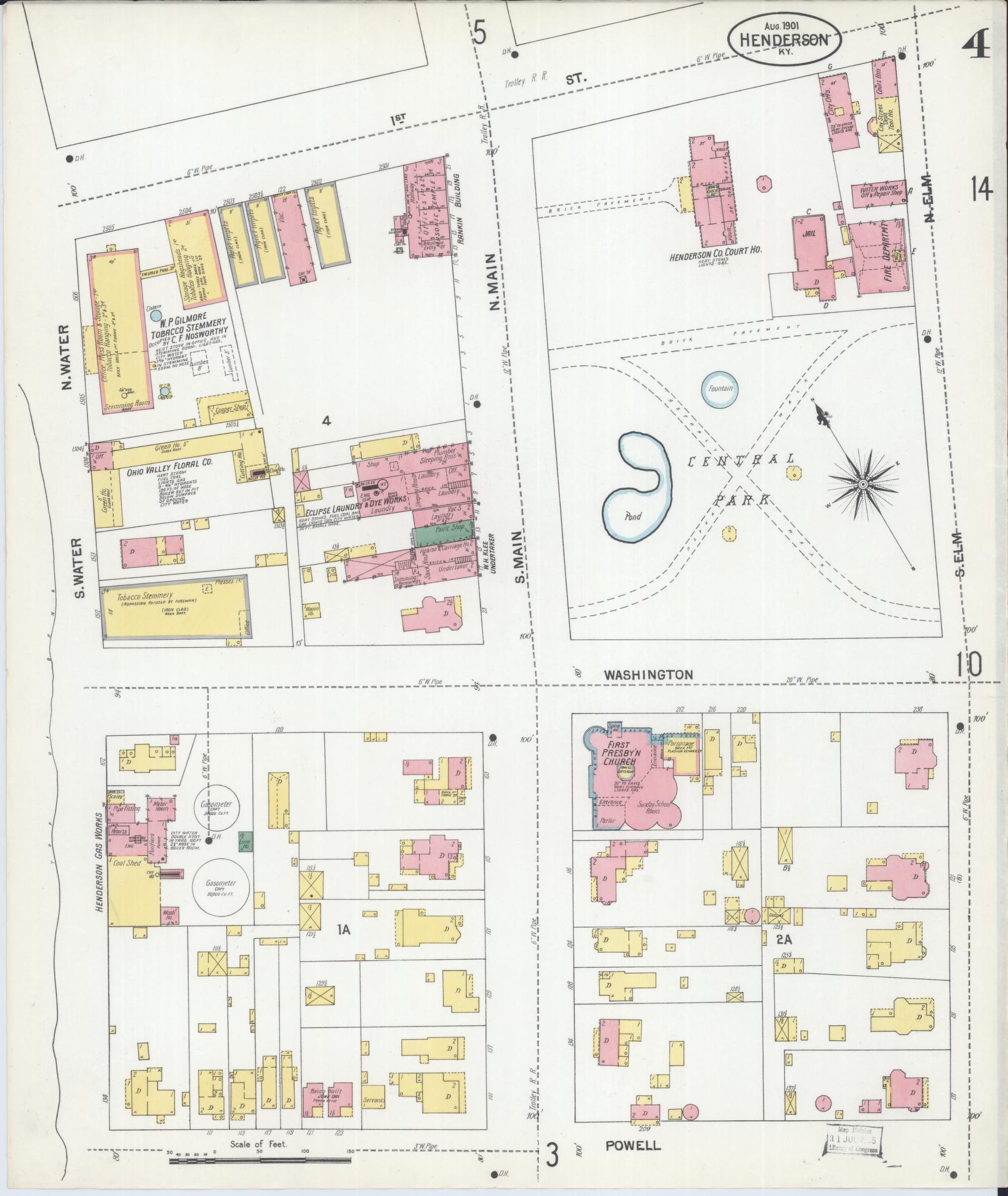 Sanborn Fire Insurance Map from Henderson, Henderson County, Kentucky (1901), Sheet #0004 - Historic Sanborn Fire Insurance Map Print, vintage old map wall art, antique decor, genealogy gift, Kentucky Kentucky map
