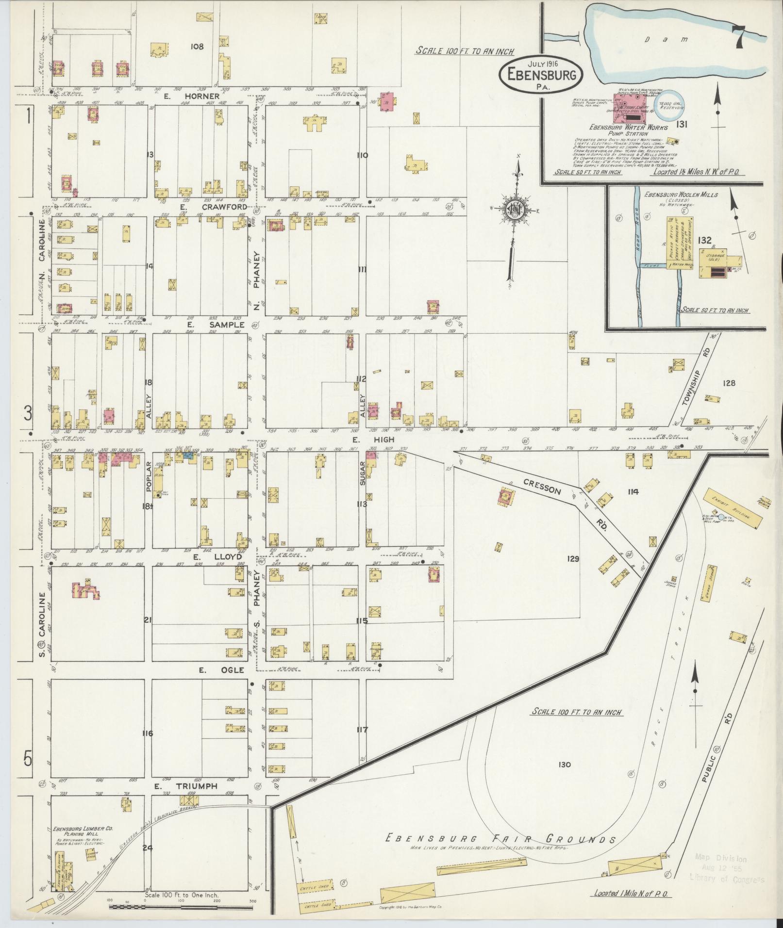 Sanborn Fire Insurance Map from Ebensburg, Cambria County, Pennsylvania (1916), Sheet #0007 - Historic Sanborn Fire Insurance Map Print, vintage old map wall art, antique decor, genealogy gift, Pennsylvania Pennsylvania map