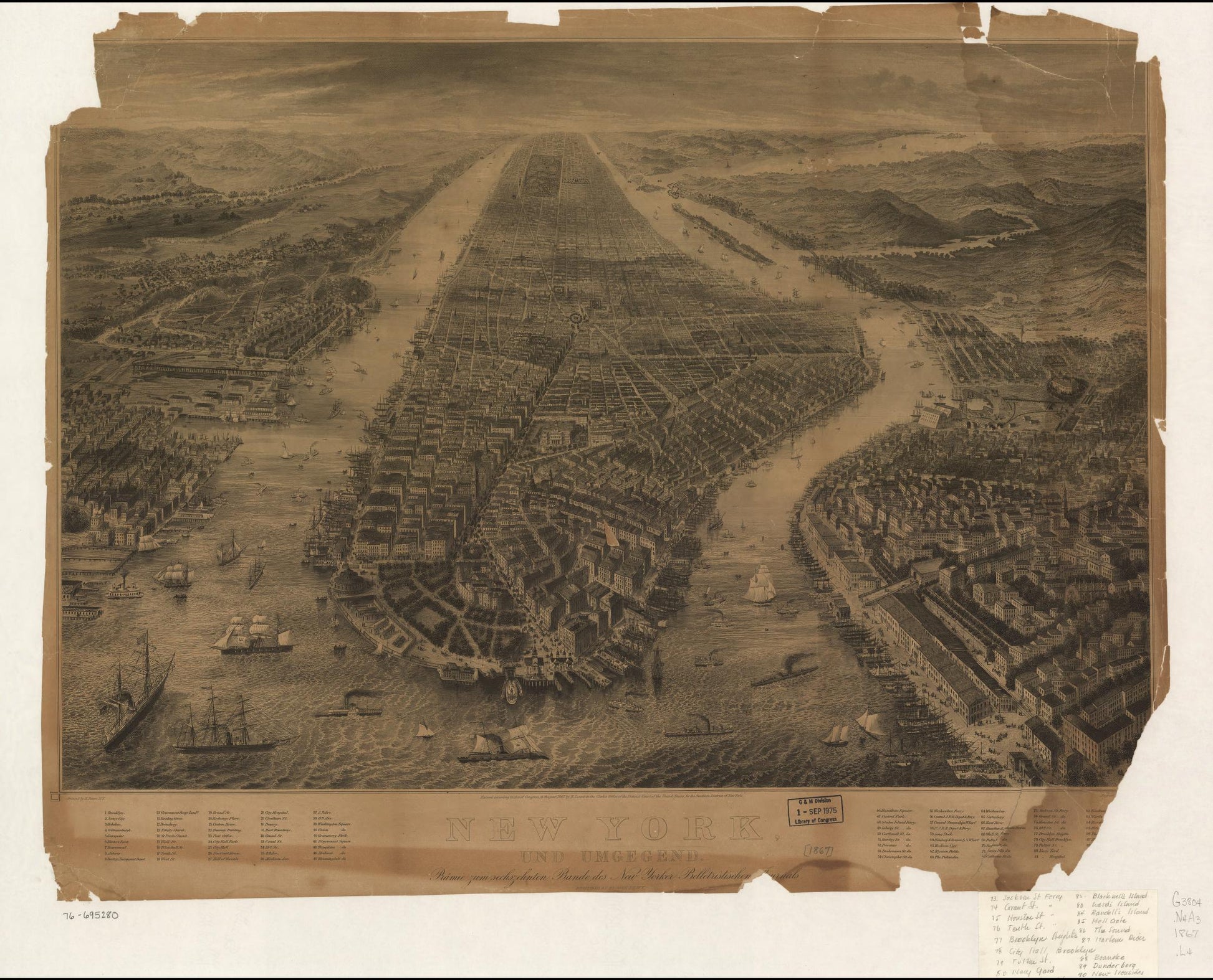 New York und Umgegend. (1867) – Historic Bird’s-Eye View Panorama Print