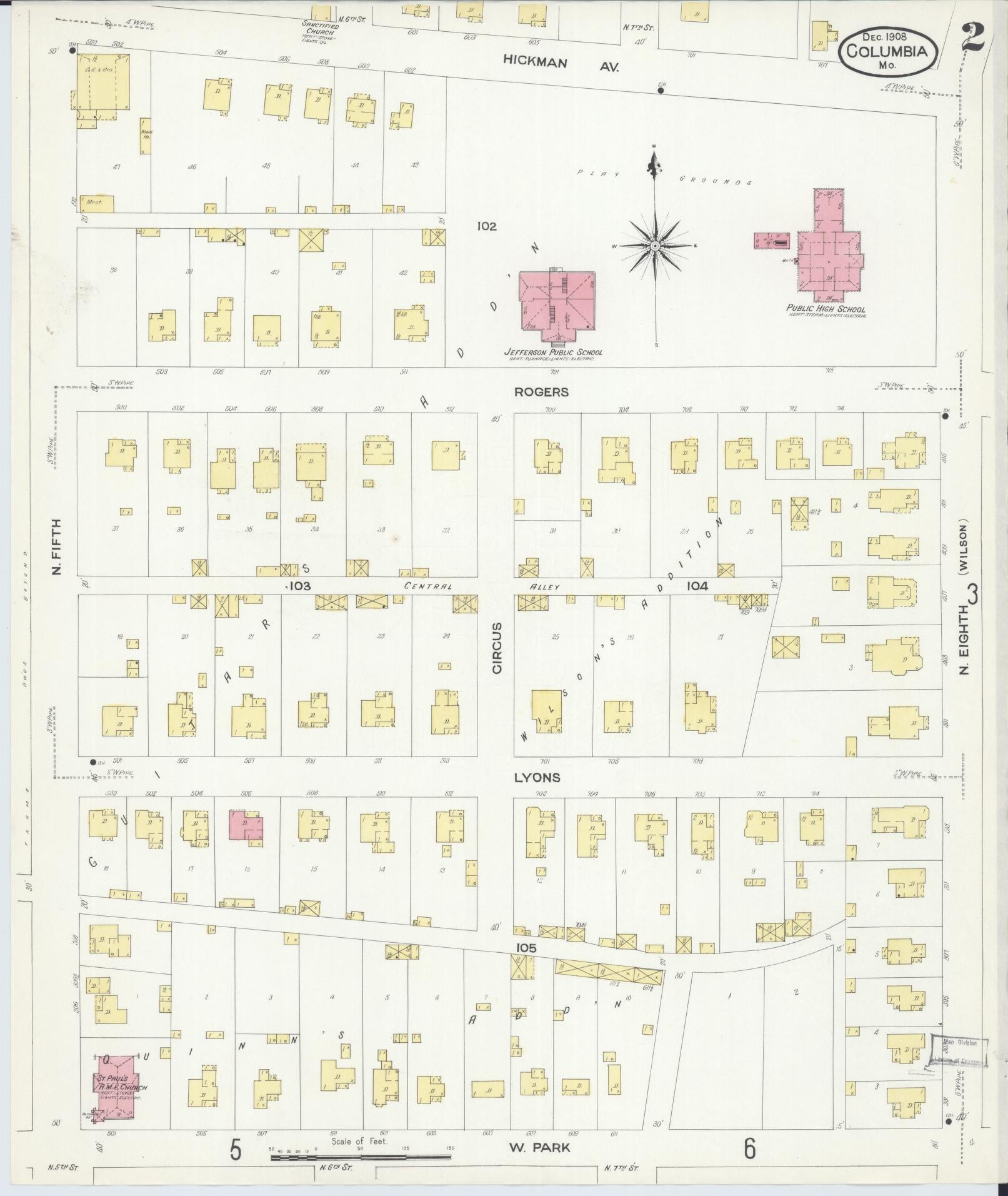 Sanborn Fire Insurance Map from Columbia, Boone County, Missouri (1908), Sheet #0002 - Historic Sanborn Fire Insurance Map Print, vintage old map wall art, antique decor, genealogy gift, Missouri Missouri map