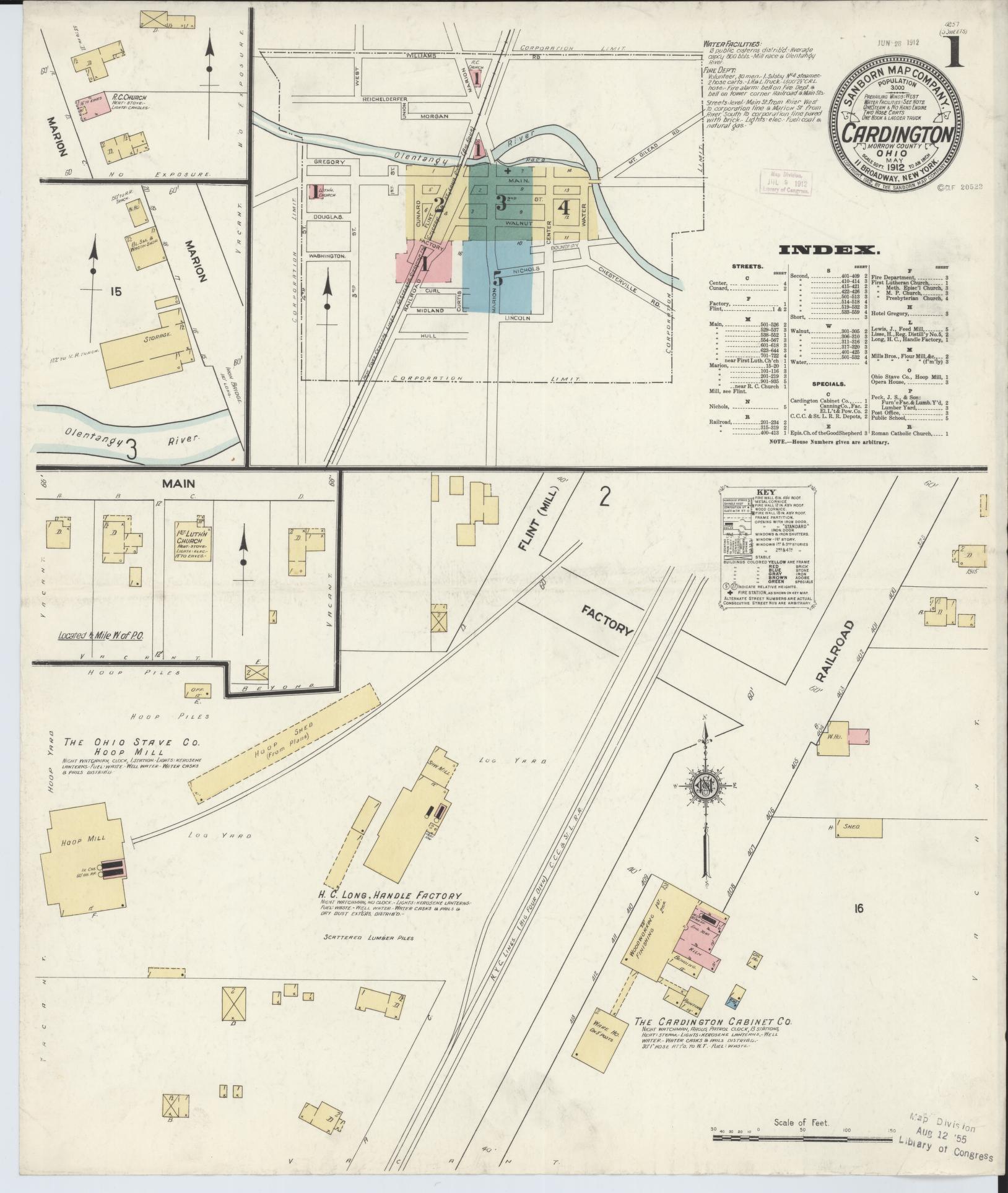 Sanborn Fire Insurance Map from Cardington, Morrow County, Ohio (1912), Sheet #0001 - Historic Sanborn Fire Insurance Map Print, vintage old map wall art, antique decor, genealogy gift, Ohio Ohio map
