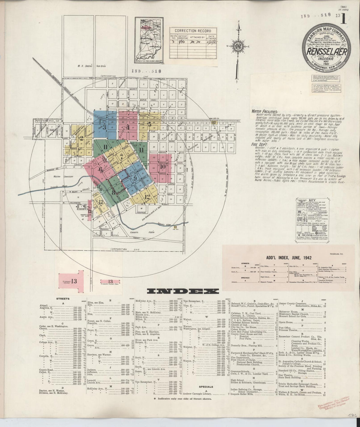 Sanborn Fire Insurance Map from Rensselaer, Jasper County, Indiana (1942), Sheet #0001 - Historic Sanborn Fire Insurance Map Print, vintage old map wall art, antique decor, genealogy gift, Indiana Indiana map
