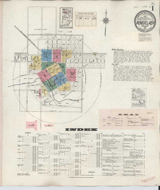 Sanborn Fire Insurance Map from Rensselaer, Jasper County, Indiana (1942), Sheet #0001 - Historic Sanborn Fire Insurance Map Print, vintage old map wall art, antique decor, genealogy gift, Indiana Indiana map
