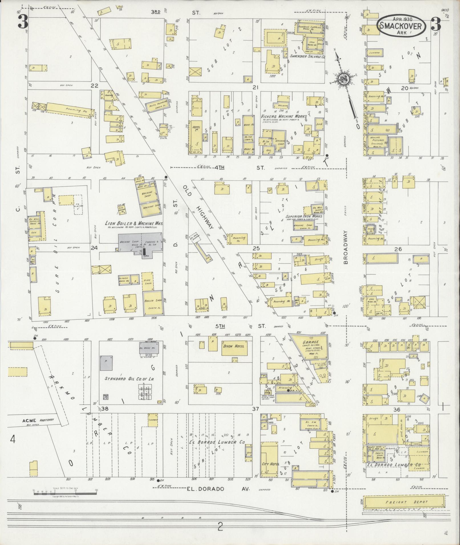 Sanborn Fire Insurance Map from Smackover, Union County, Arkansas (1930), Sheet #0003 - Historic Sanborn Fire Insurance Map Print, vintage old map wall art, antique decor, genealogy gift, Arkansas Arkansas map