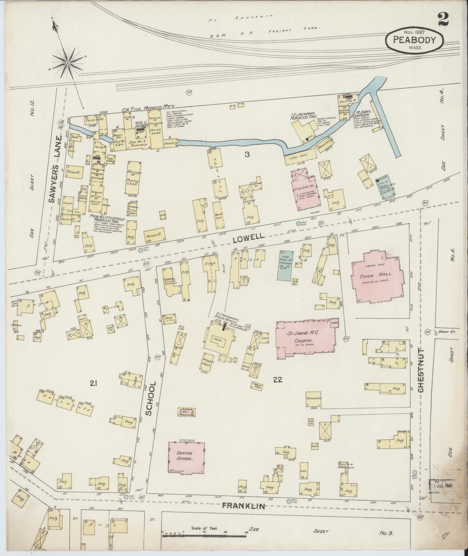 Sanborn Fire Insurance Map from Peabody, Essex County, Massachusetts (1887), Sheet #0002 - Historic Sanborn Fire Insurance Map Print, vintage old map wall art, antique decor, genealogy gift, Massachusetts Massachusetts map