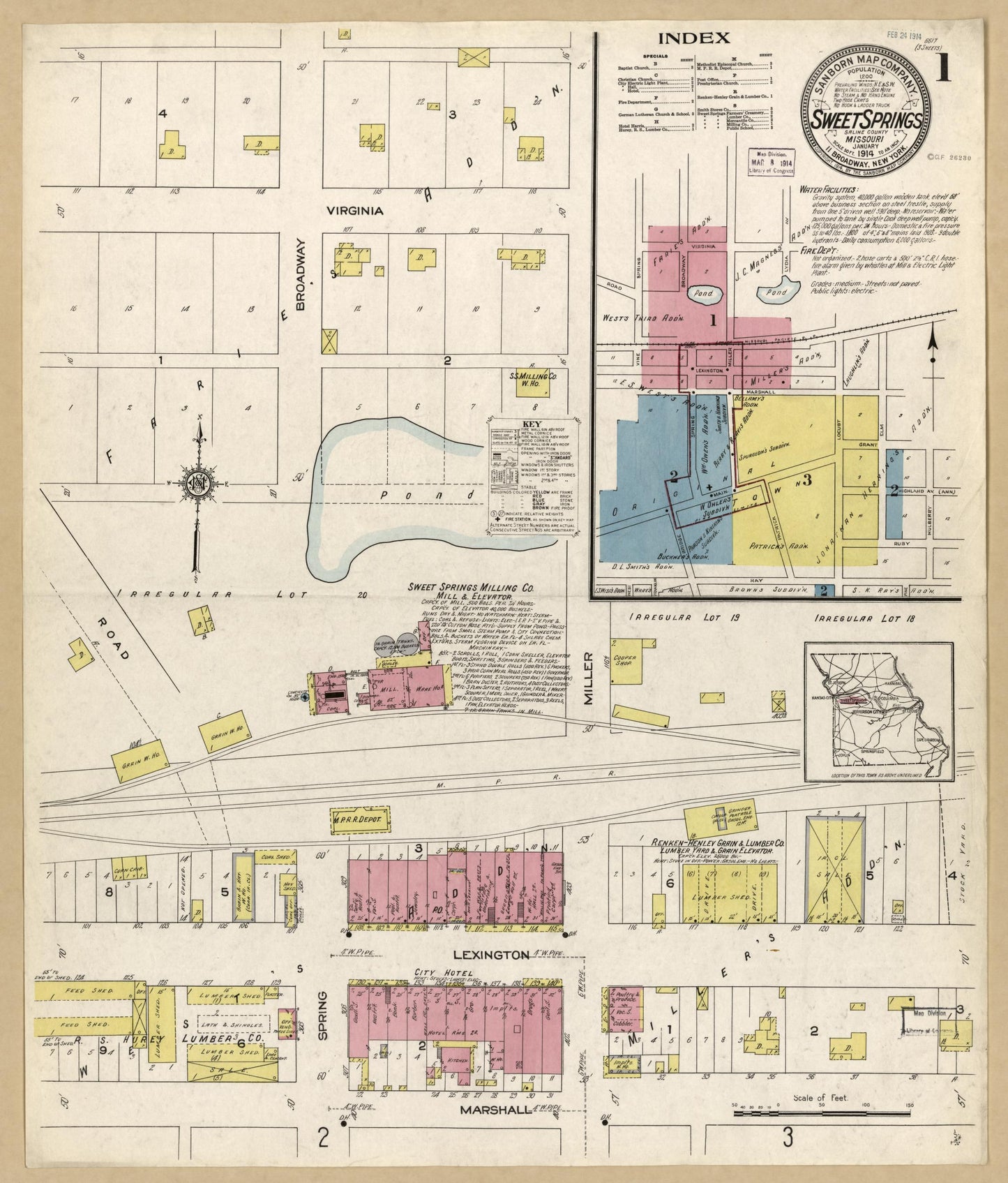 Sanborn Fire Insurance Map from Sweet Springs, Saline County, Missouri (1914), Sheet #0001 - Historic Sanborn Fire Insurance Map Print, vintage old map wall art, antique decor, genealogy gift, Missouri Missouri map