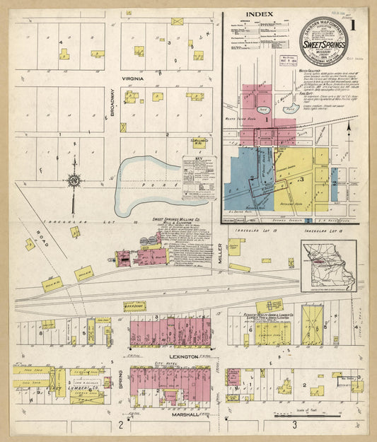 Sanborn Fire Insurance Map from Sweet Springs, Saline County, Missouri (1914), Sheet #0001 - Historic Sanborn Fire Insurance Map Print, vintage old map wall art, antique decor, genealogy gift, Missouri Missouri map