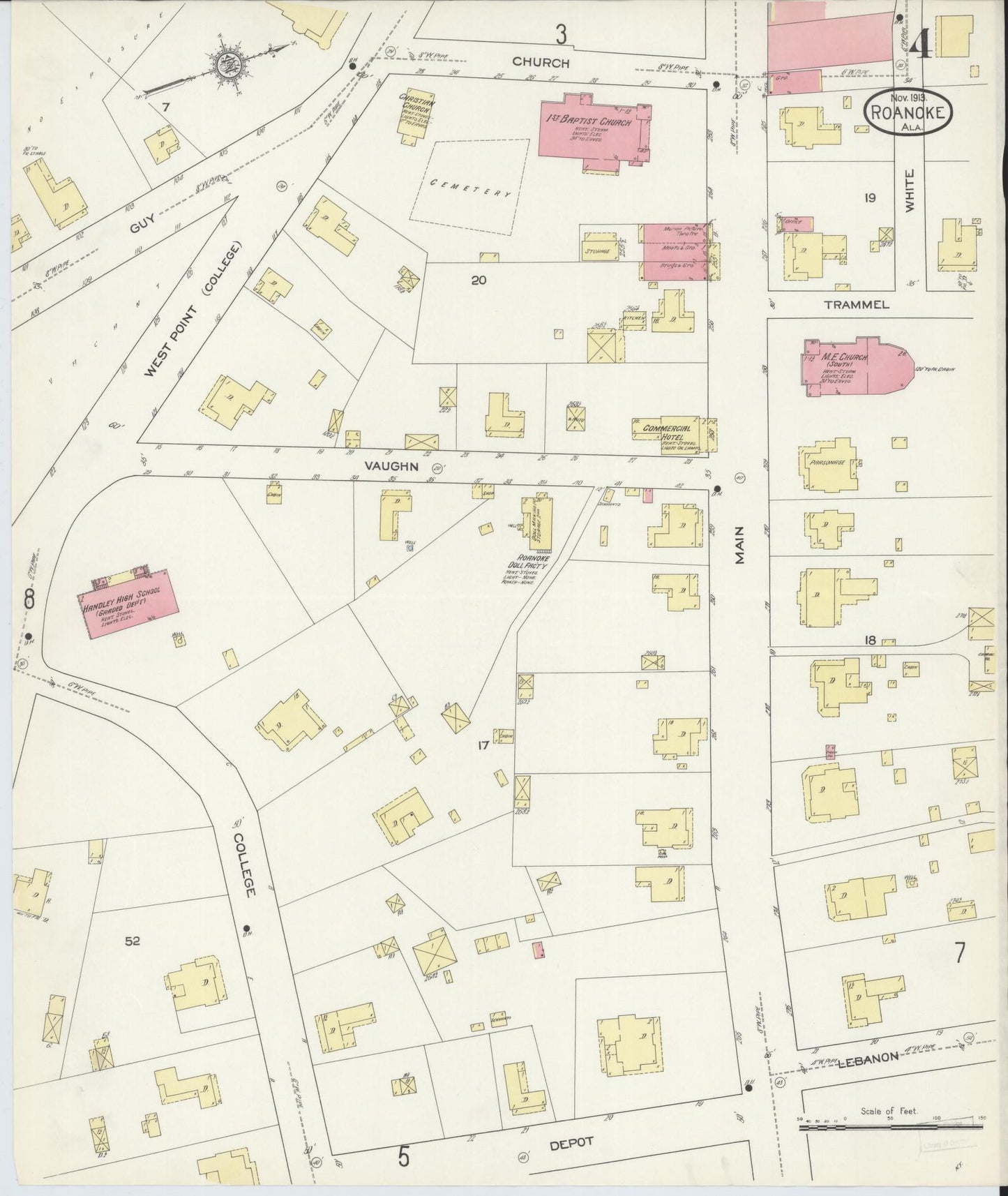Sanborn Fire Insurance Map from Roanoke, Randolph County, Alabama (1913), Sheet #0004 - Complete Map Set gallery image, historic Sanborn map, vintage wall art, Alabama Alabama