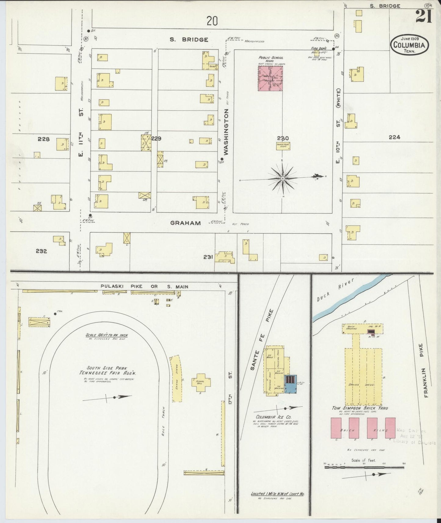 Sanborn Fire Insurance Map from Columbia, Maury County, Tennessee (1909), Sheet #0021 - Historic Sanborn Fire Insurance Map Print, vintage old map wall art, antique decor, genealogy gift, Tennessee Tennessee map