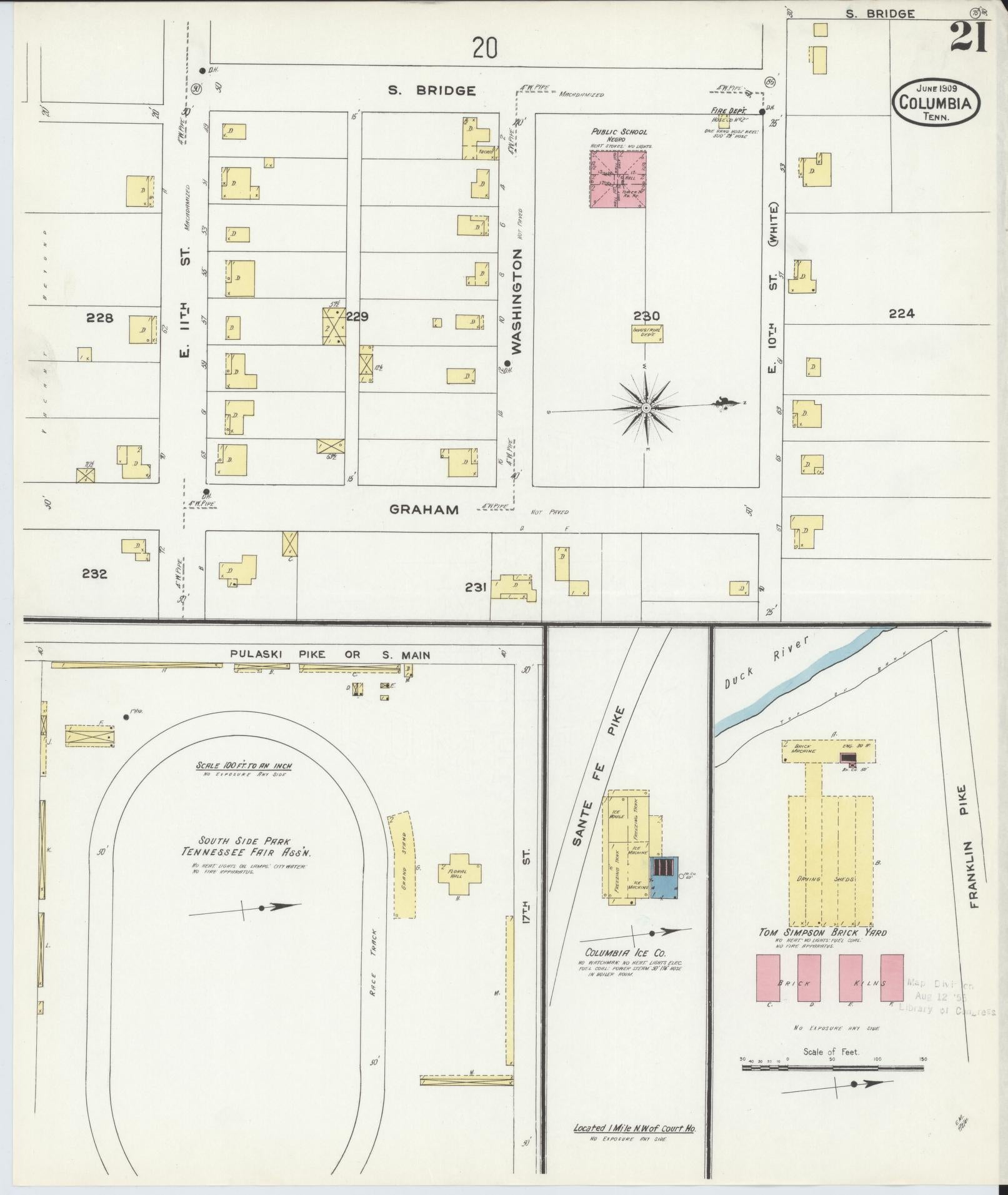 Sanborn Fire Insurance Map from Columbia, Maury County, Tennessee (1909), Sheet #0021 - Historic Sanborn Fire Insurance Map Print, vintage old map wall art, antique decor, genealogy gift, Tennessee Tennessee map