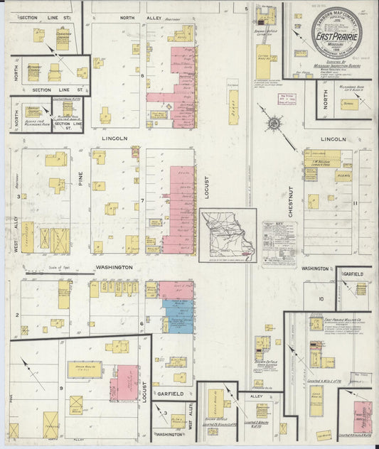Sanborn Fire Insurance Map from East Prairie, Mississippi County, Missouri (1916), Sheet #0001 - Historic Sanborn Fire Insurance Map Print, vintage old map wall art, antique decor, genealogy gift, Missouri Missouri map