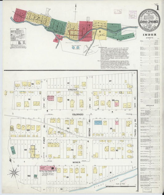 Sanborn Fire Insurance Map from Idaho Springs, Clear Creek County, Colorado (1907), Sheet #0001 - Complete Map Set gallery image, historic Sanborn map, vintage wall art, Colorado Colorado