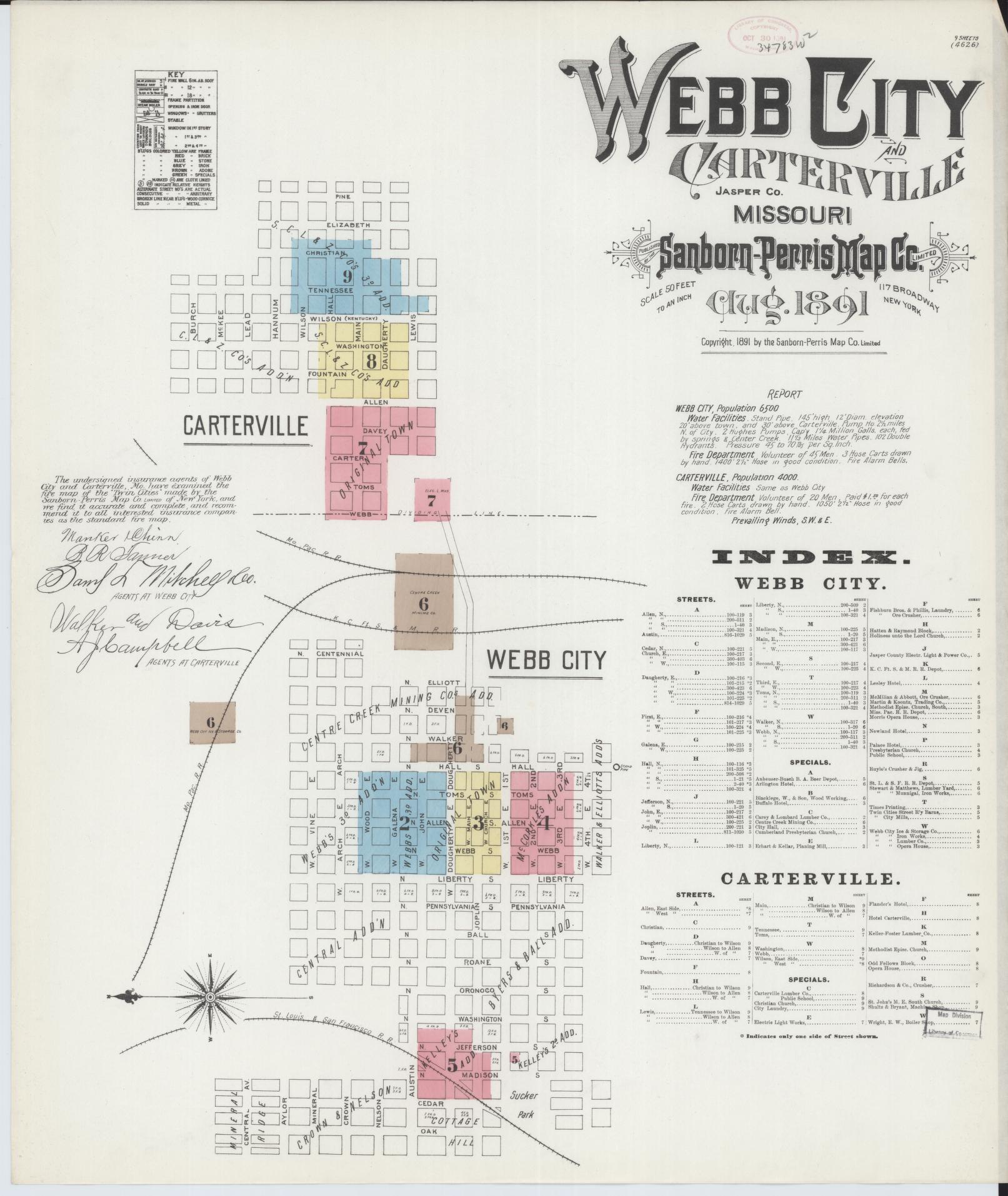 Sanborn Fire Insurance Map from Webb City, Jasper County, Missouri (1891), Sheet #0001 - Complete Map Set gallery image, historic Sanborn map, vintage wall art, Missouri Missouri