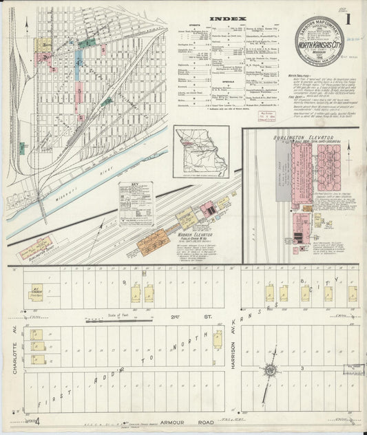 Sanborn Fire Insurance Map from North Kansas City, Clay County, Missouri (1914), Sheet #0001 - Historic Sanborn Fire Insurance Map Print, vintage old map wall art, antique decor, genealogy gift, Missouri Missouri map