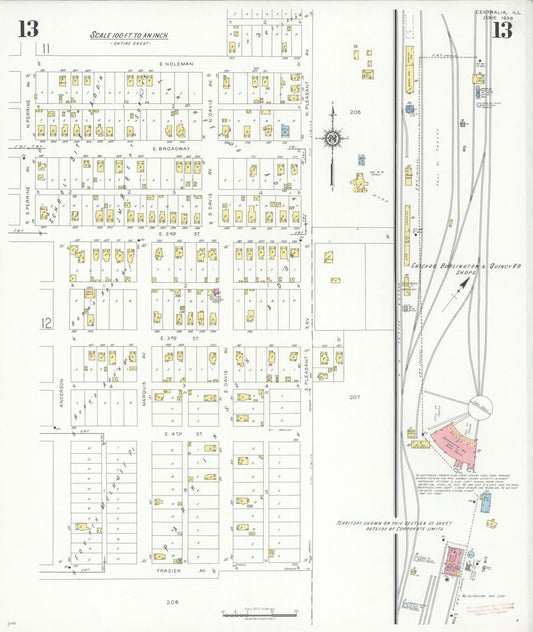 Sanborn Fire Insurance Map from Centralia, Marion, Clinton, Jefferson, and Washington Counties, Illinois (1938), Sheet #0013 - Historic Sanborn Fire Insurance Map Print, vintage old map wall art, antique decor, genealogy gift, Illinois Illinois map