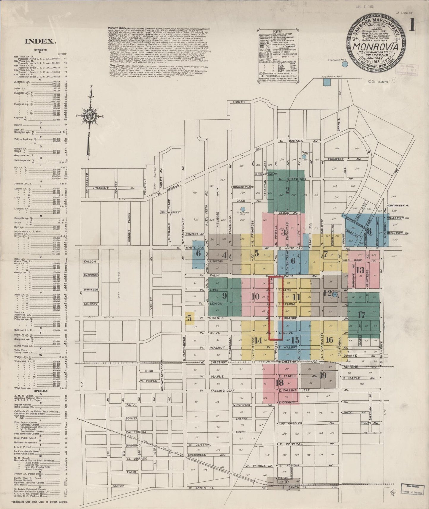 Sanborn Fire Insurance Map from Monrovia, Los Angeles County, California (1913), Sheet #0001 - Complete Map Set gallery image, historic Sanborn map, vintage wall art, California California
