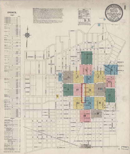 Sanborn Fire Insurance Map from Monrovia, Los Angeles County, California (1913), Sheet #0001 - Complete Map Set gallery image, historic Sanborn map, vintage wall art, California California