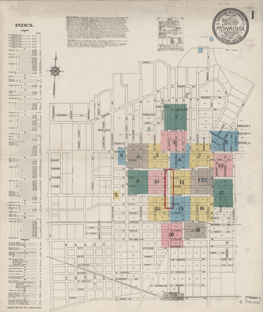 Sanborn Fire Insurance Map from Monrovia, Los Angeles County, California (1913), Sheet #0001 - Complete Map Set gallery image, historic Sanborn map, vintage wall art, California California