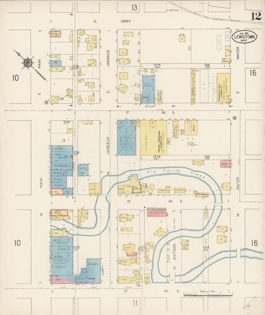 Sanborn Fire Insurance Map from Lewistown, Fergus County, Montana (1913), Sheet #0012 - Historic Sanborn Fire Insurance Map Print, vintage old map wall art, antique decor, genealogy gift, Montana Montana map