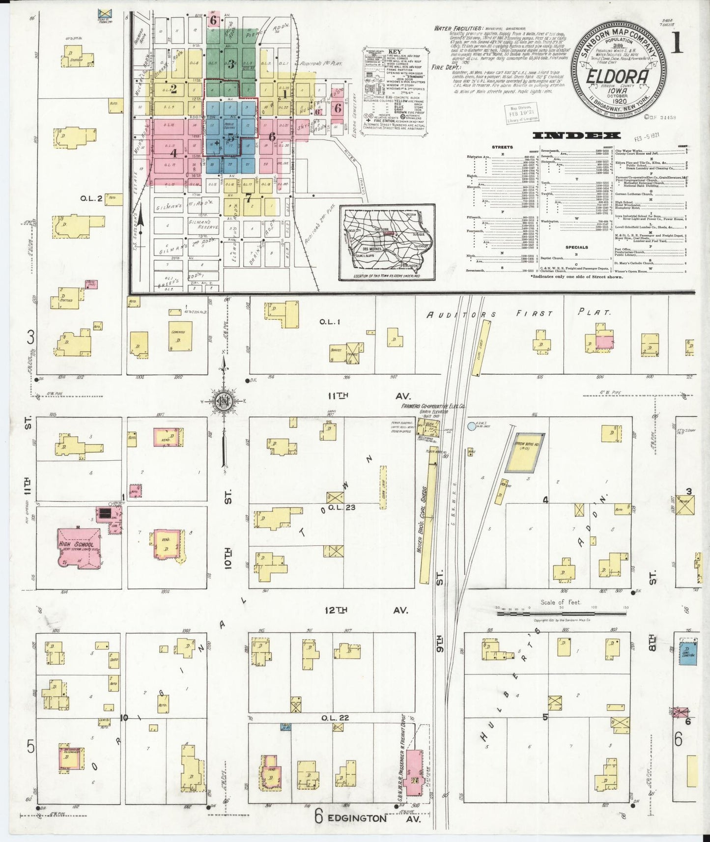 Sanborn Fire Insurance Map from Eldora, Hardin County, Iowa (1920), Sheet #0001 - Historic Sanborn Fire Insurance Map Print, vintage old map wall art