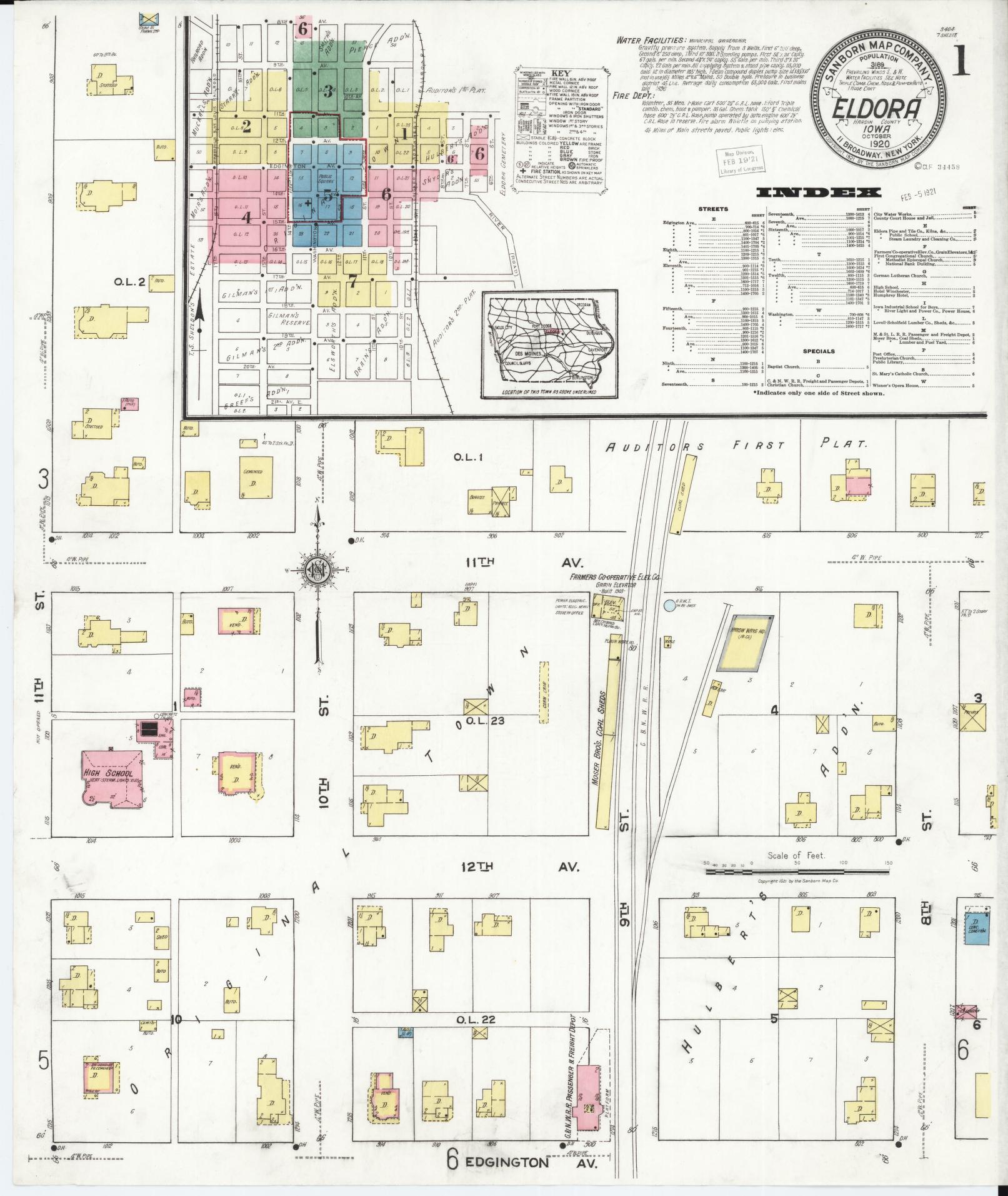 Sanborn Fire Insurance Map from Eldora, Hardin County, Iowa (1920), Sheet #0001 - Historic Sanborn Fire Insurance Map Print, vintage old map wall art