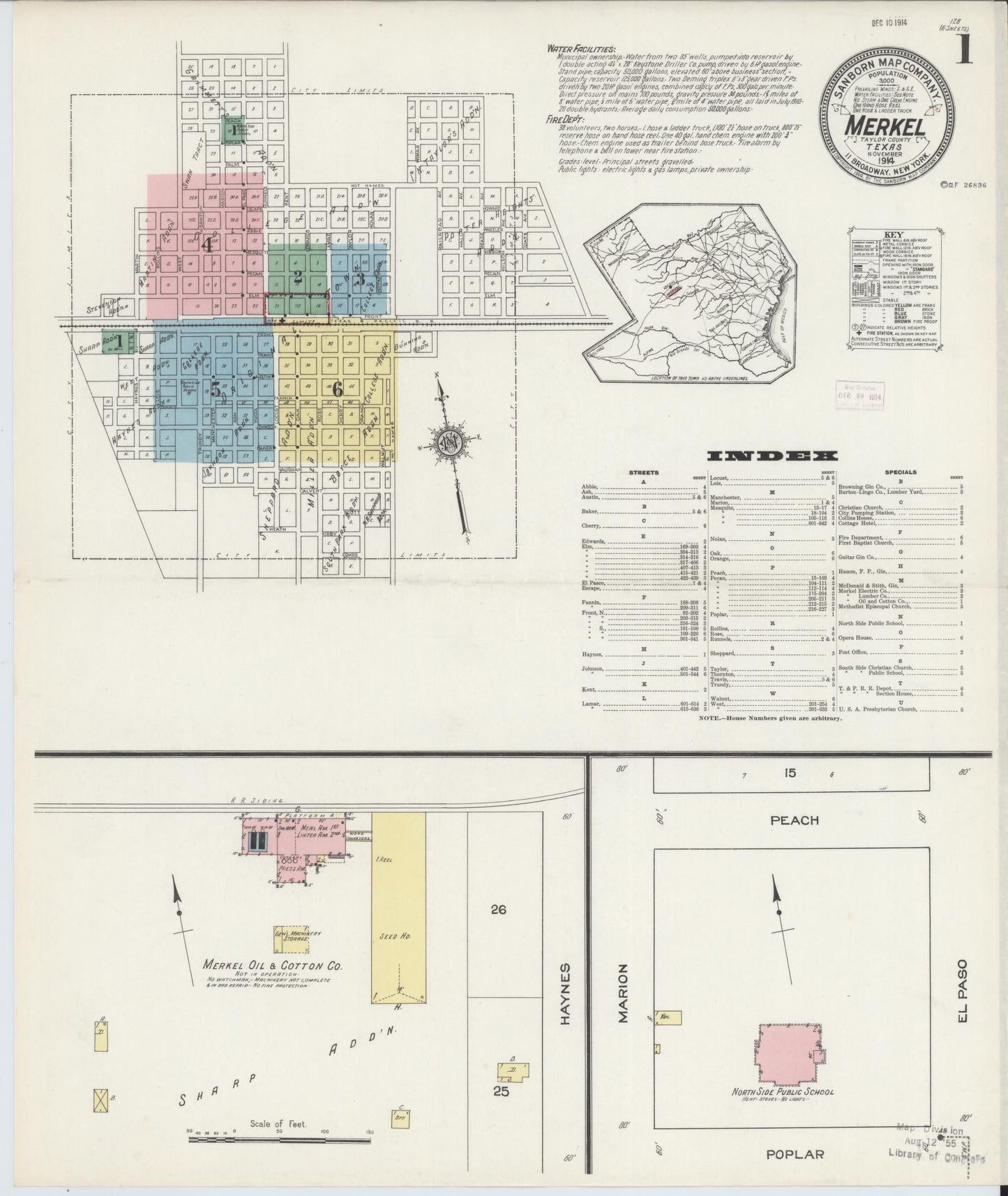 Sanborn Fire Insurance Map from Merkel, Taylor County, Texas (1914), Sheet #0001 - Historic Sanborn Fire Insurance Map Print, vintage old map wall art, antique decor, genealogy gift, Texas Texas map