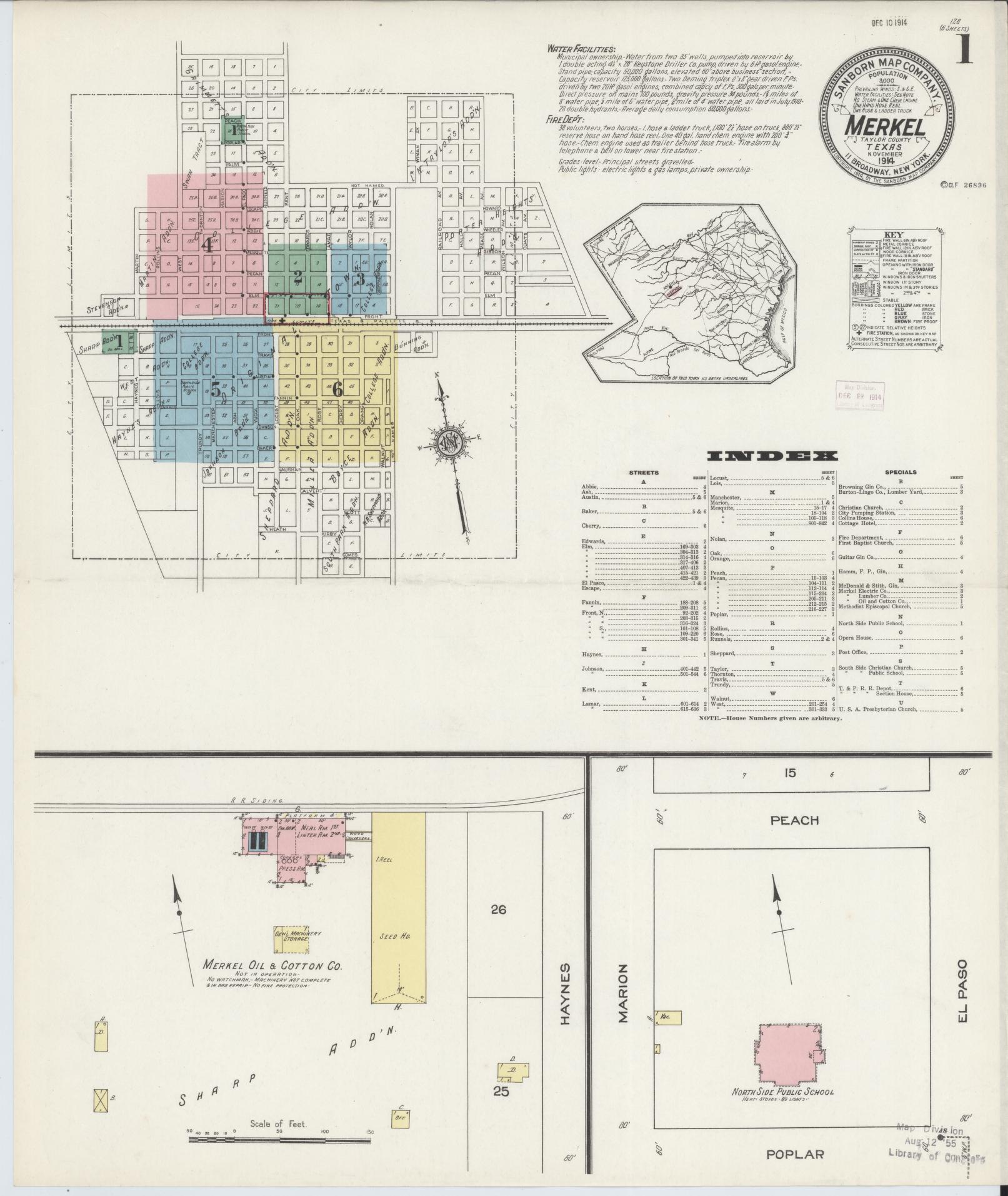 Sanborn Fire Insurance Map from Merkel, Taylor County, Texas (1914), Sheet #0001 - Historic Sanborn Fire Insurance Map Print, vintage old map wall art, antique decor, genealogy gift, Texas Texas map