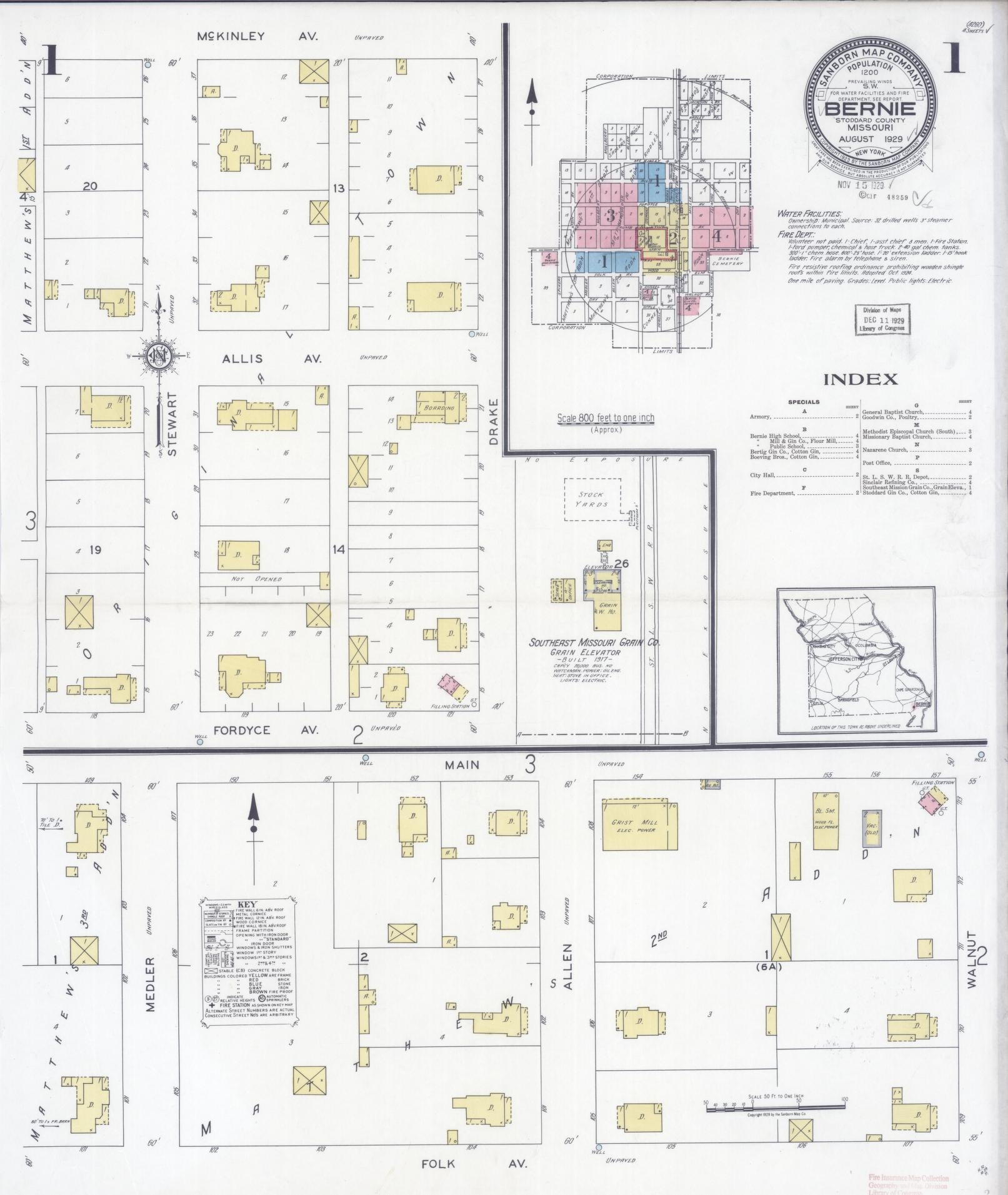 Sanborn Fire Insurance Map from Bernie, Stoddard County, Missouri (1929), Sheet #0001 - Historic Sanborn Fire Insurance Map Print, vintage old map wall art, antique decor, genealogy gift, Missouri Missouri map