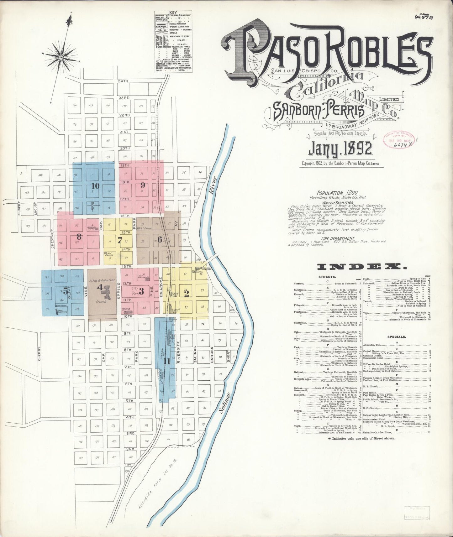 Sanborn Fire Insurance Map from Paso Robles, San Luis Obispo County, California (1892), Sheet #0001 - Complete Map Set gallery image, historic Sanborn map, vintage wall art, California California